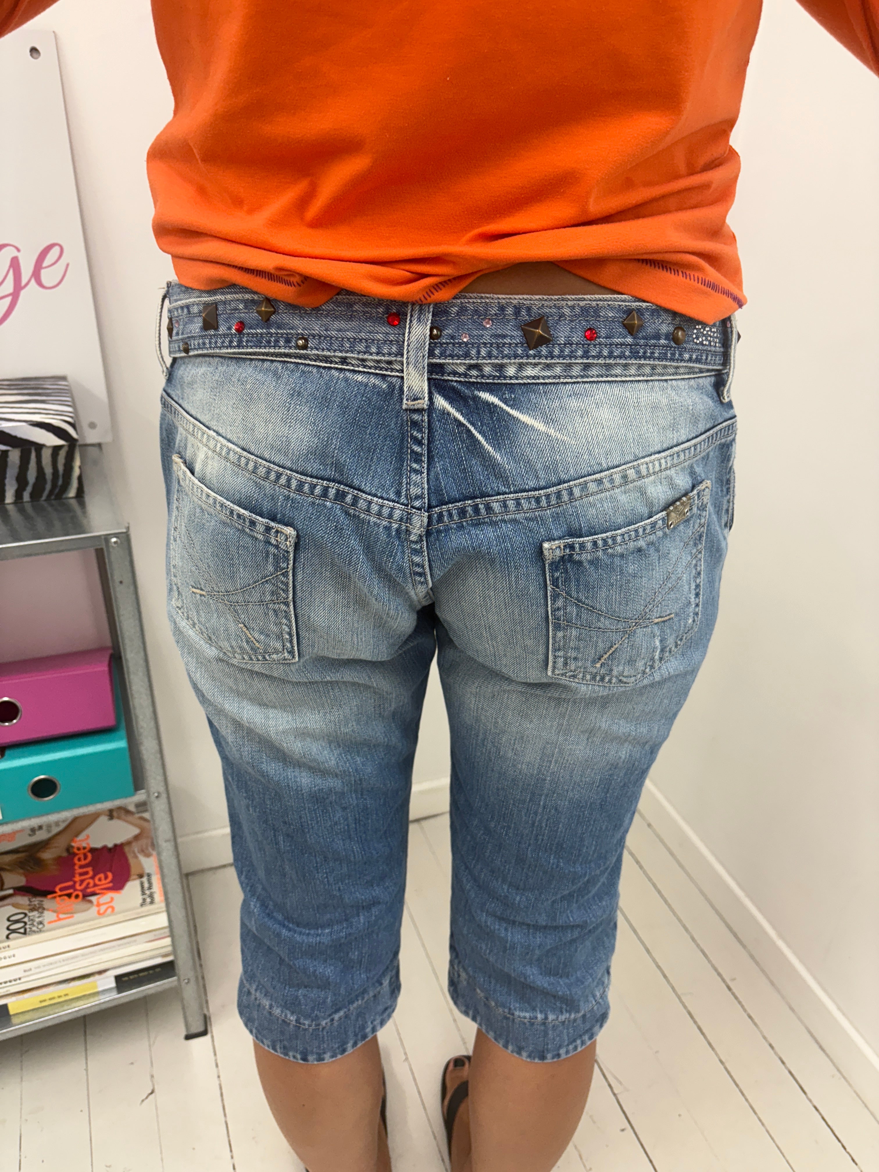 Light Wash Rhinestone Denim Capri