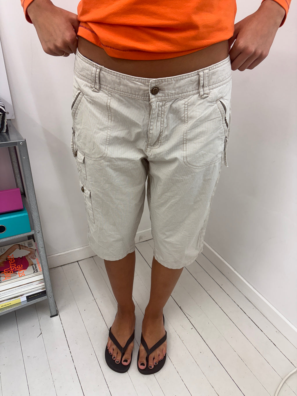 Cream Pinstripe Cargo Shorts