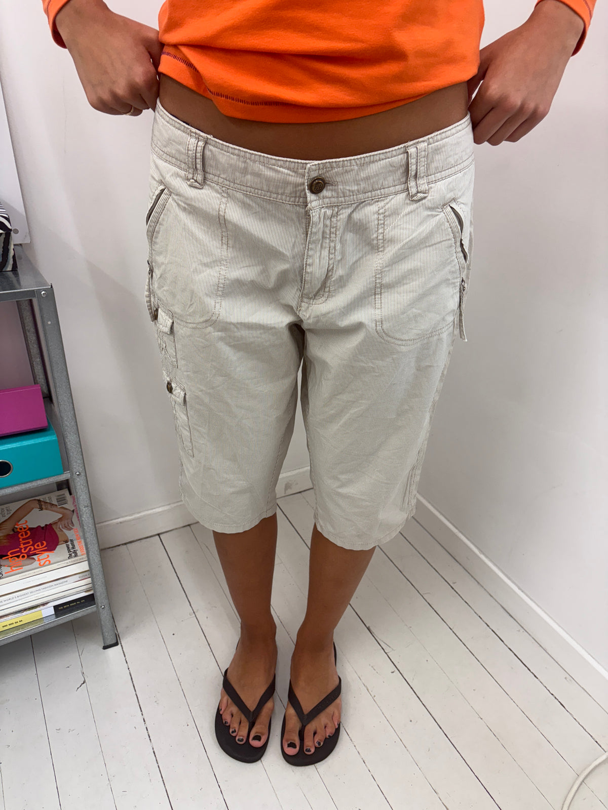 Cream Pinstripe Cargo Shorts