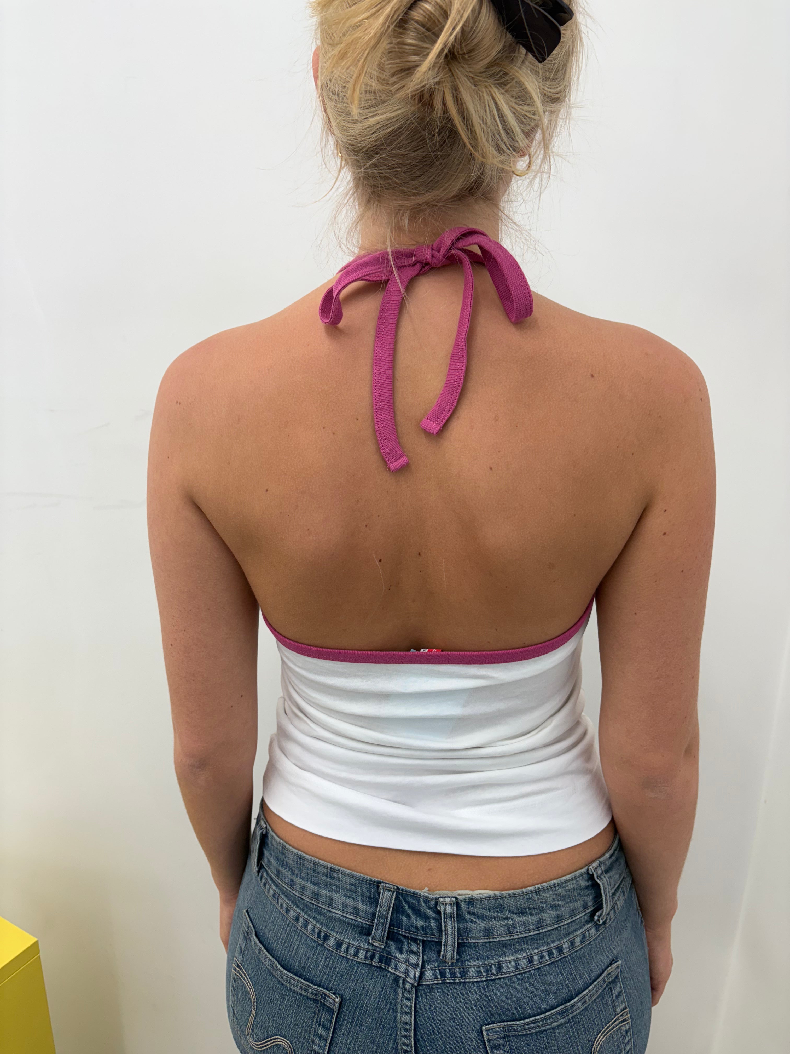 White Pink "Holidays Isla Morada" Graphic Halter Top