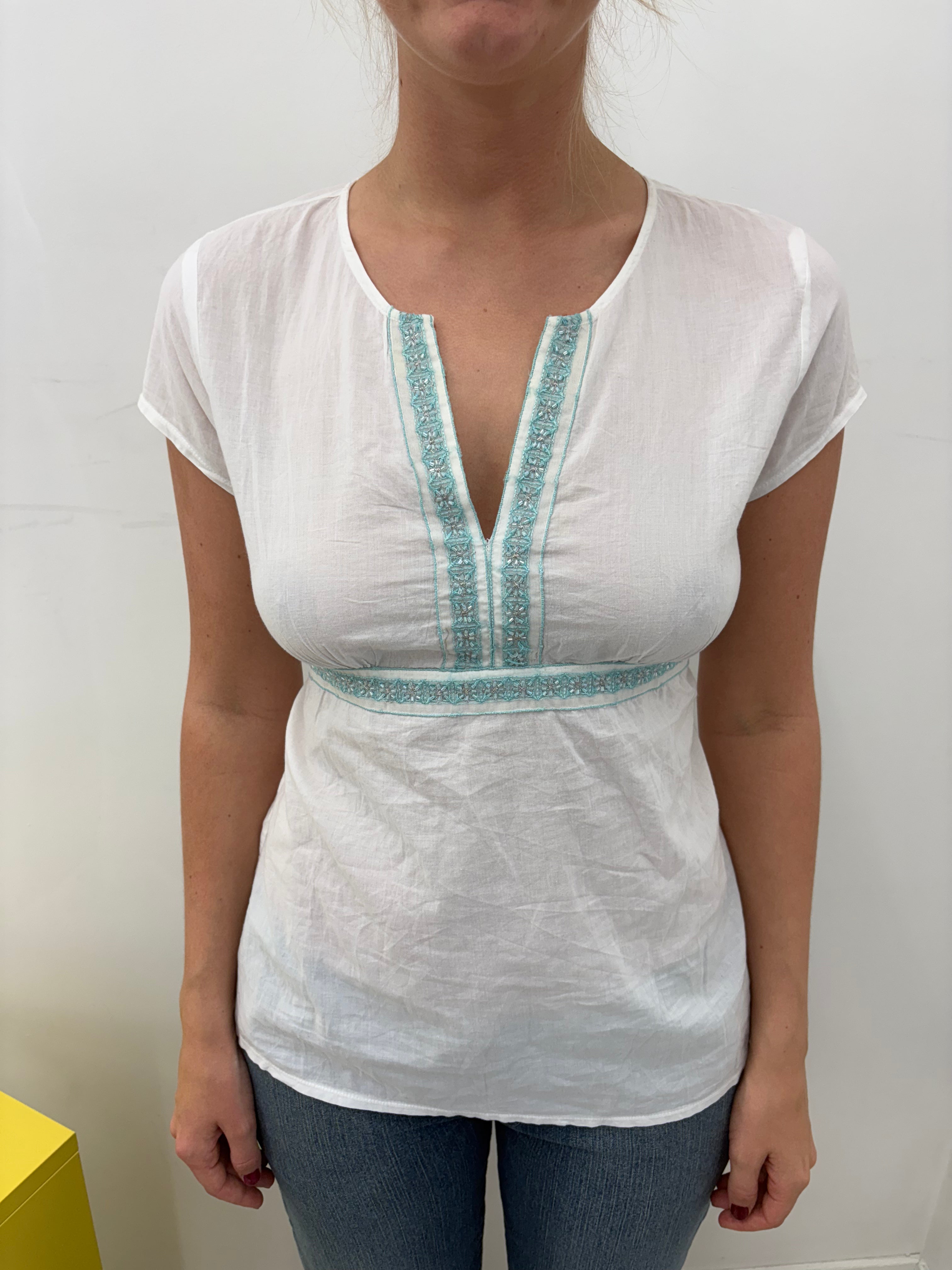 White Turquoise Embroidered Tie-Back Boho Top
