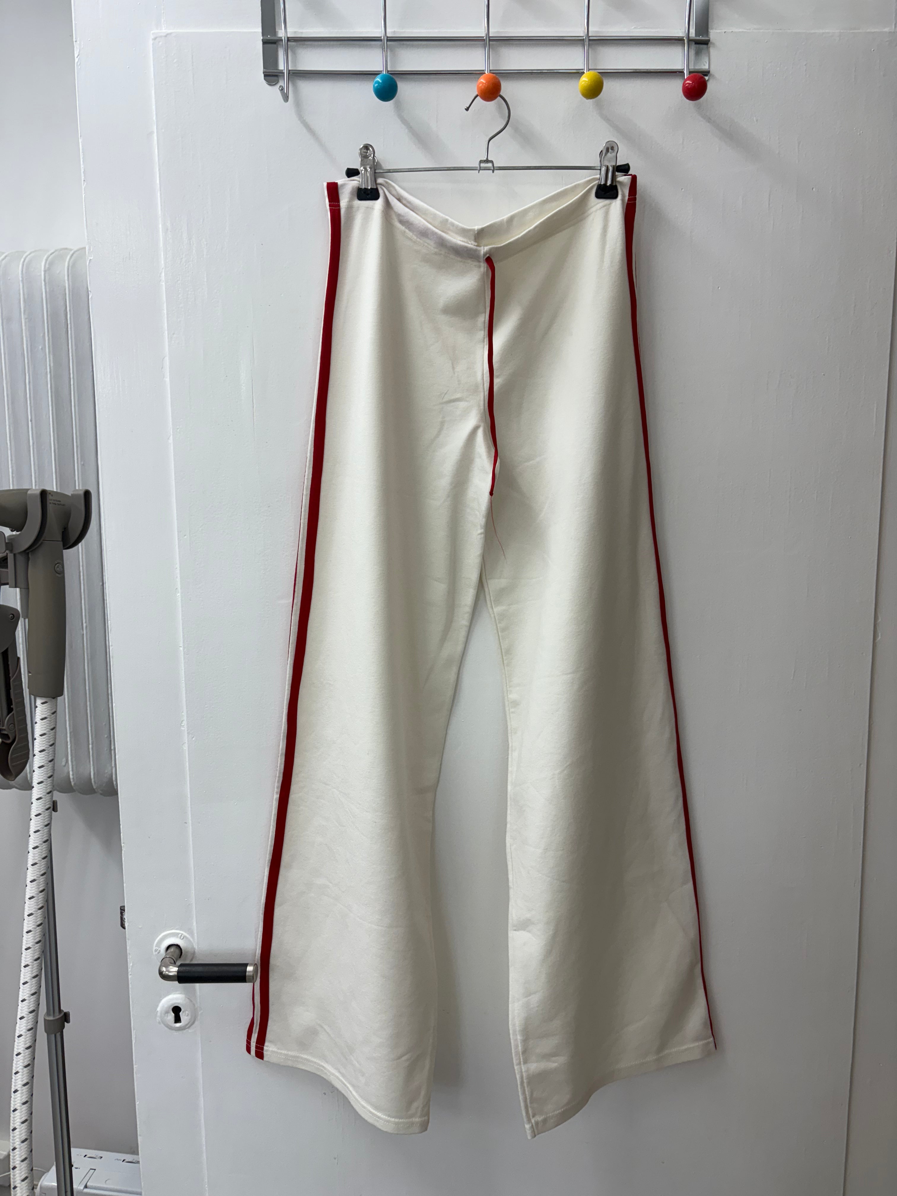 Y2K White Wide-Leg Track Pants with Red Side Stripe