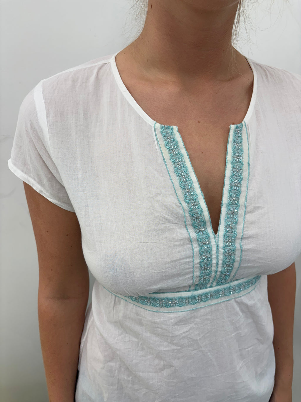 White Turquoise Embroidered Tie-Back Boho Top