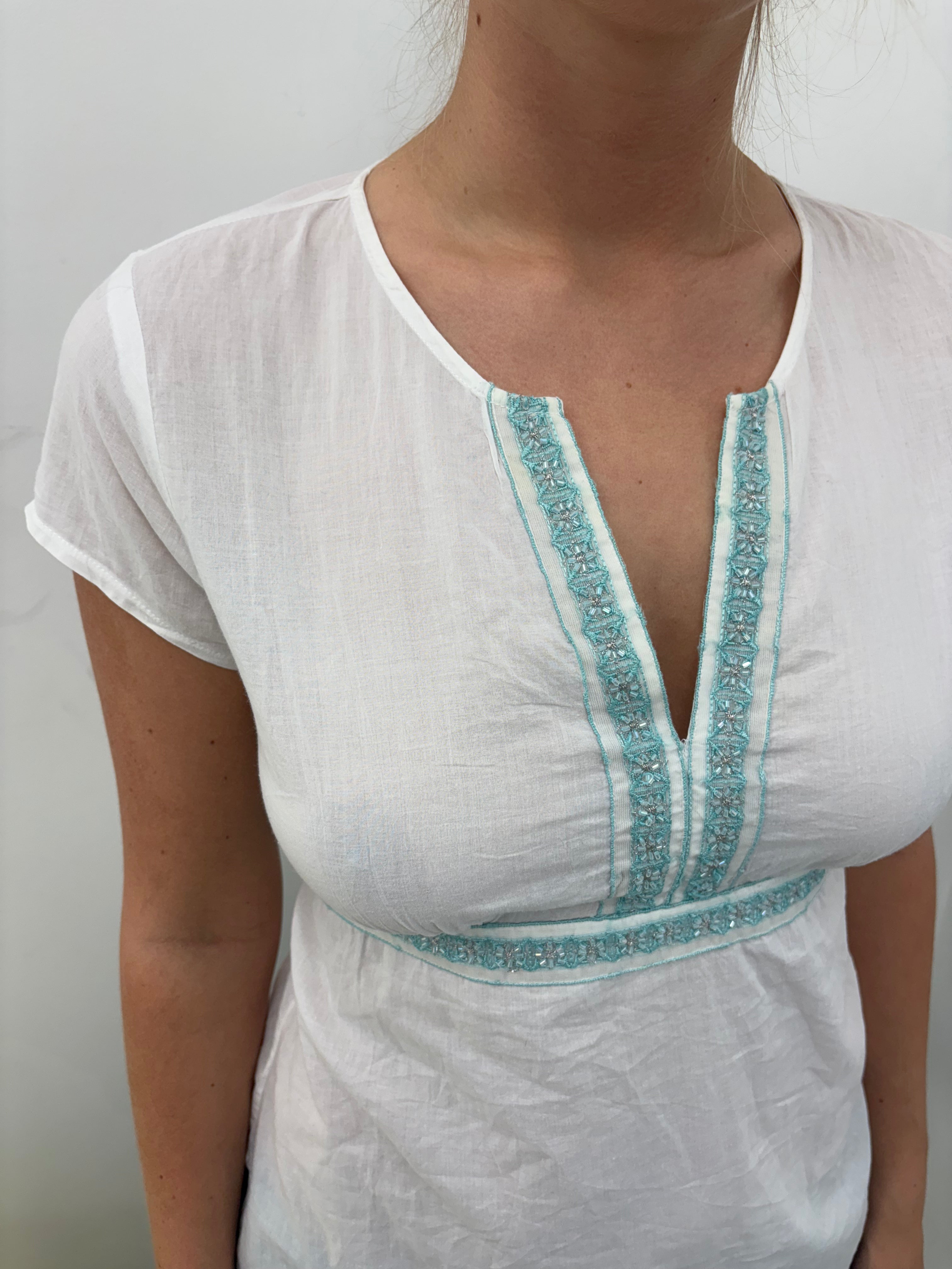 White Turquoise Embroidered Tie-Back Boho Top