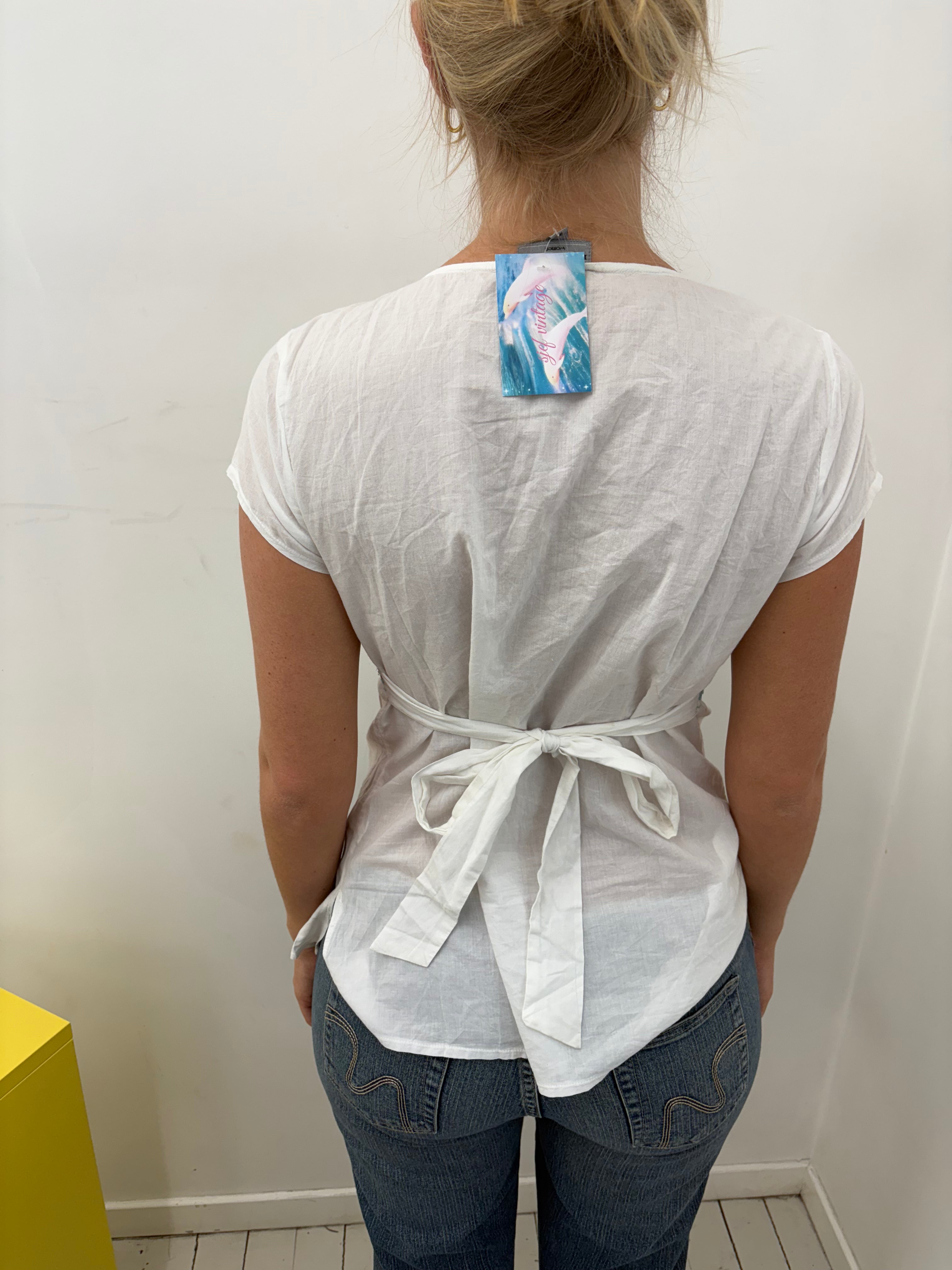 White Turquoise Embroidered Tie-Back Boho Top