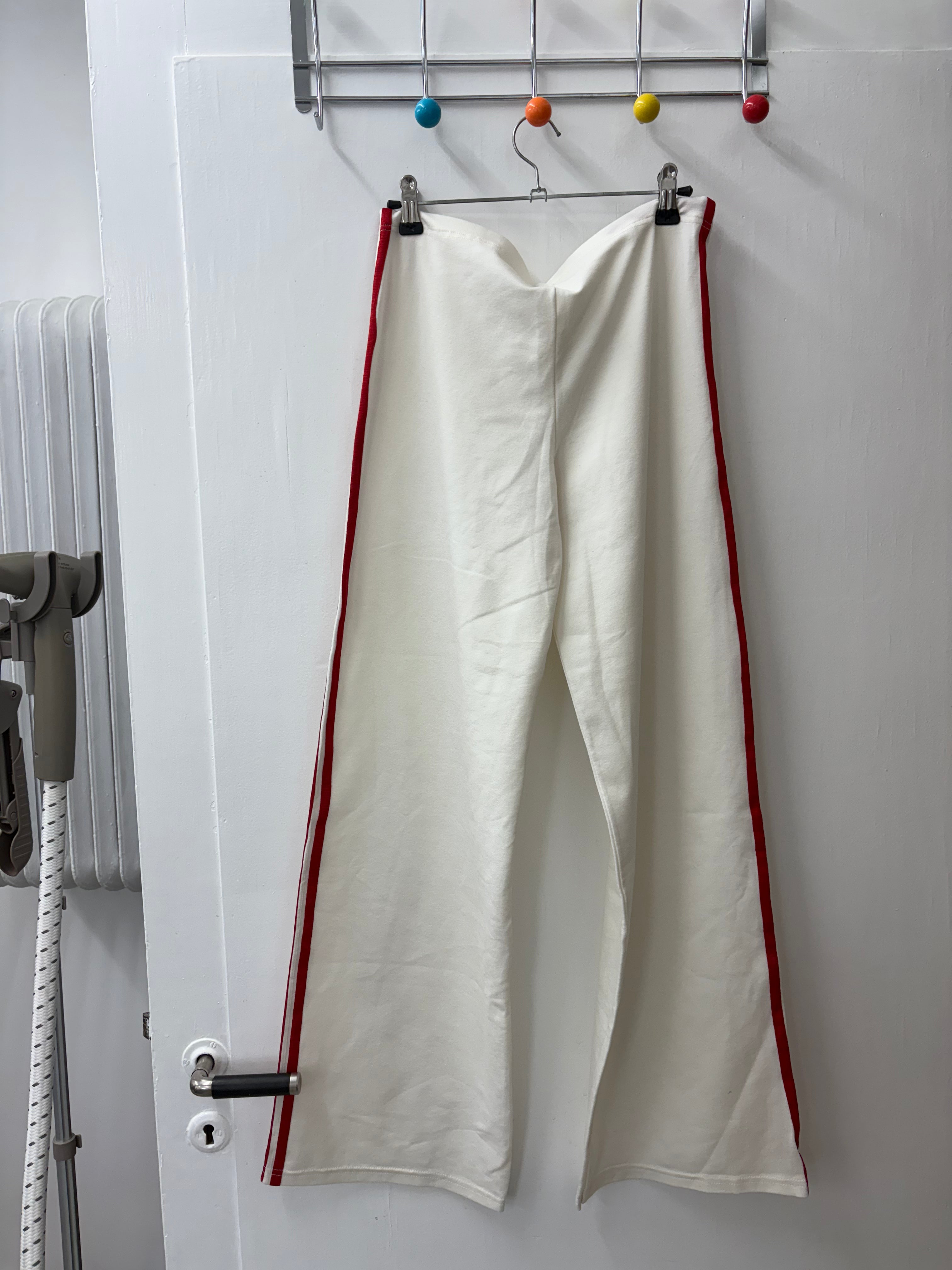 Y2K White Wide-Leg Track Pants with Red Side Stripe