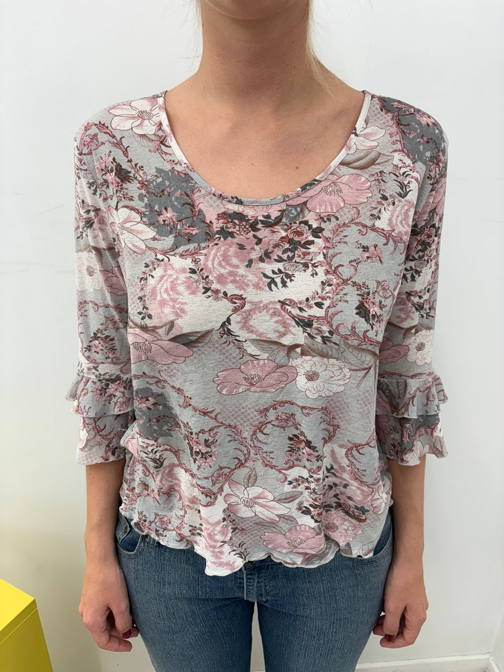 Grey Pink Floral Ruffle Hem & Sleeve Top