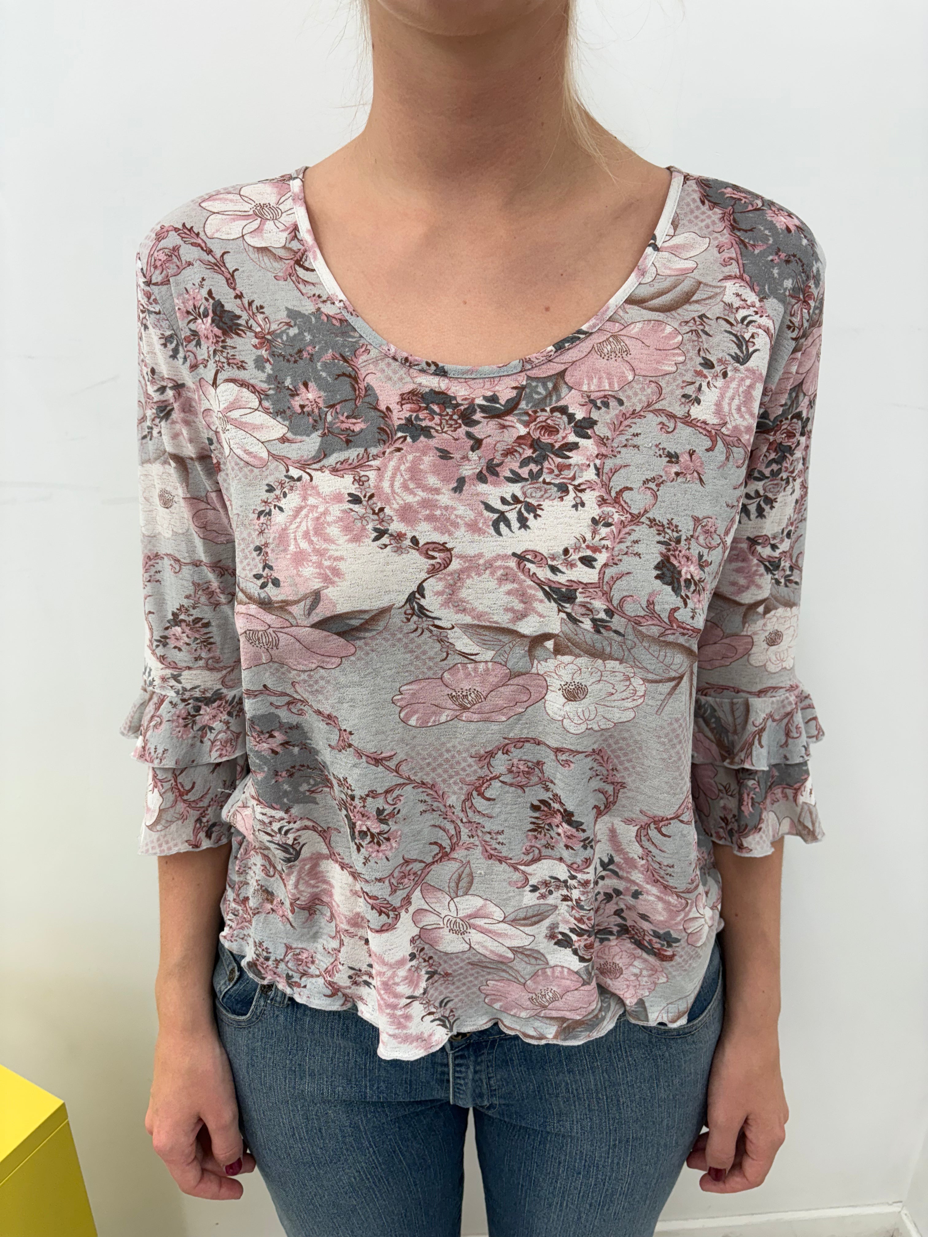 Grey Pink Floral Ruffle Hem & Sleeve Top