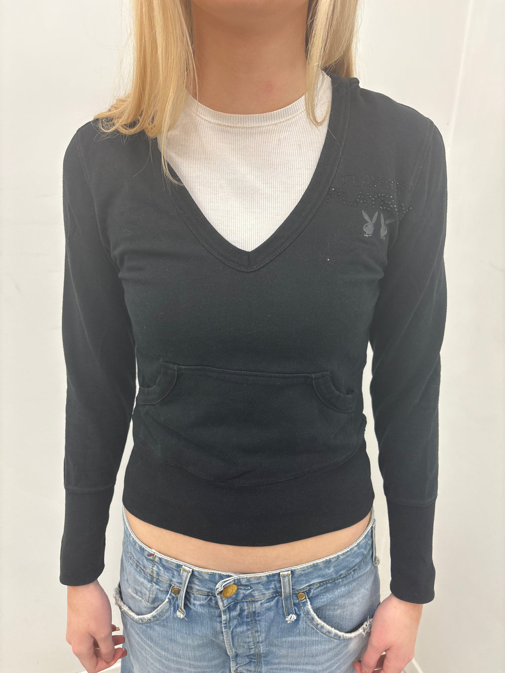 Black V-Neck Playboy Y2K Hoodie Top