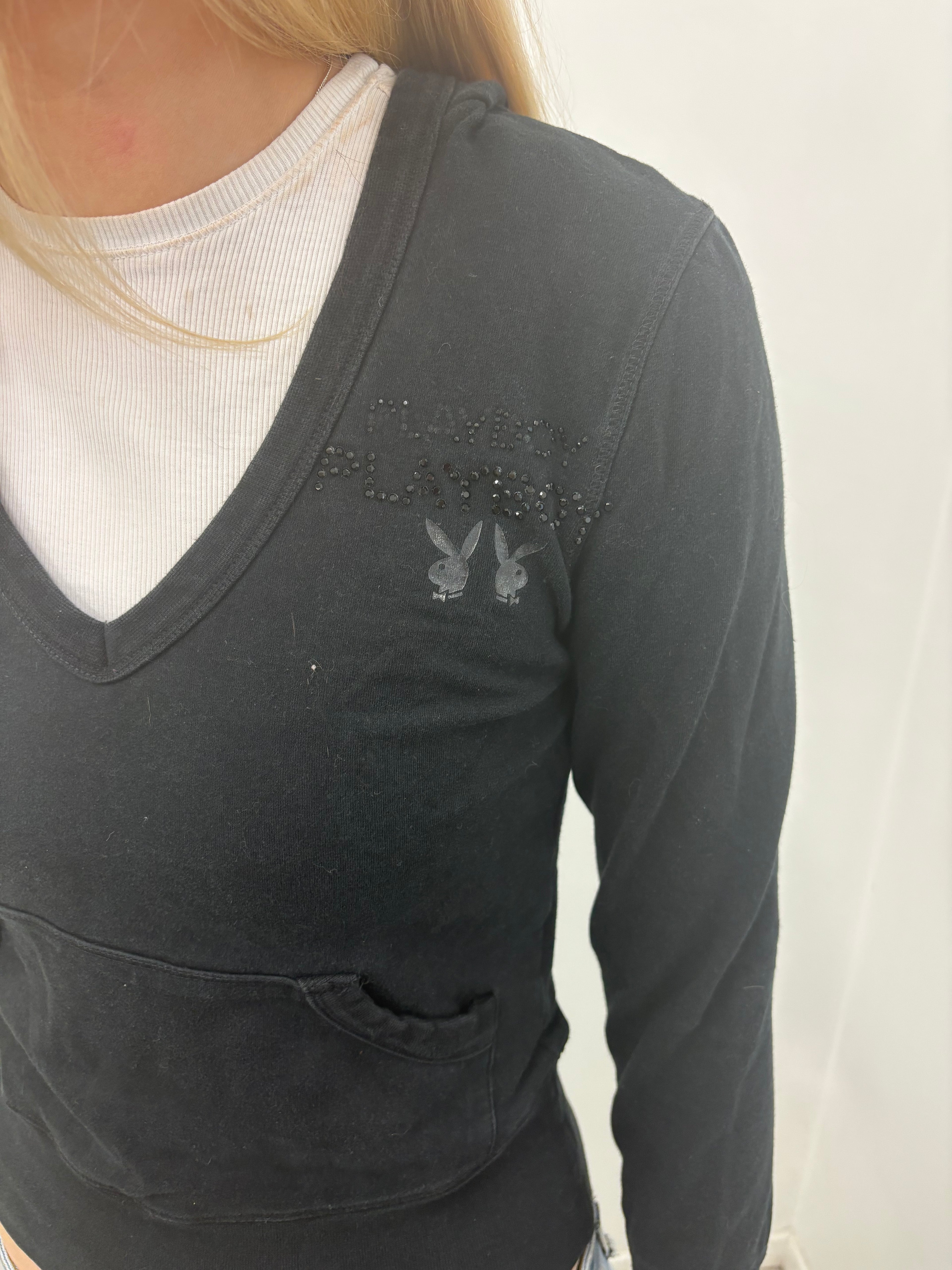 Black V-Neck Playboy Y2K Hoodie Top