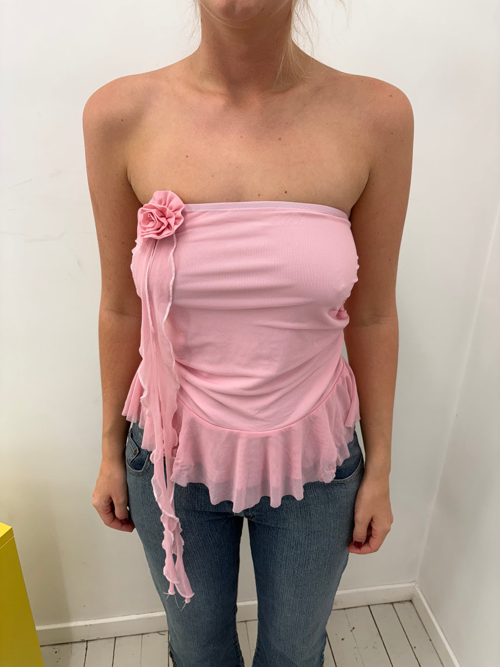 Pink Rosette Ruffle Hem Strapless Bandeau Top