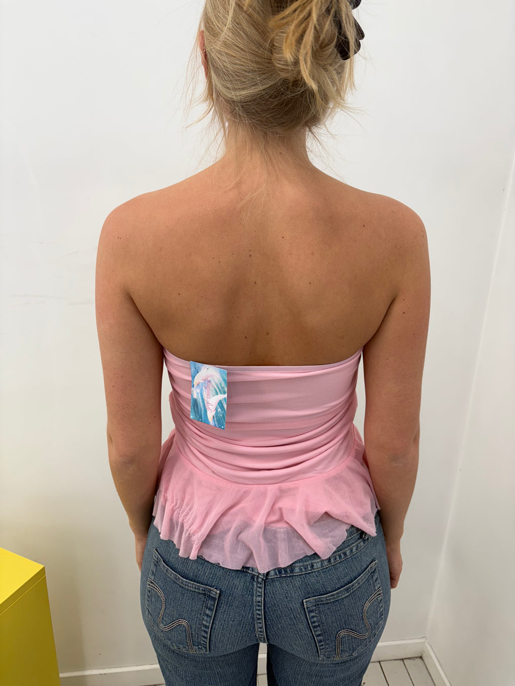 Pink Rosette Ruffle Hem Strapless Bandeau Top