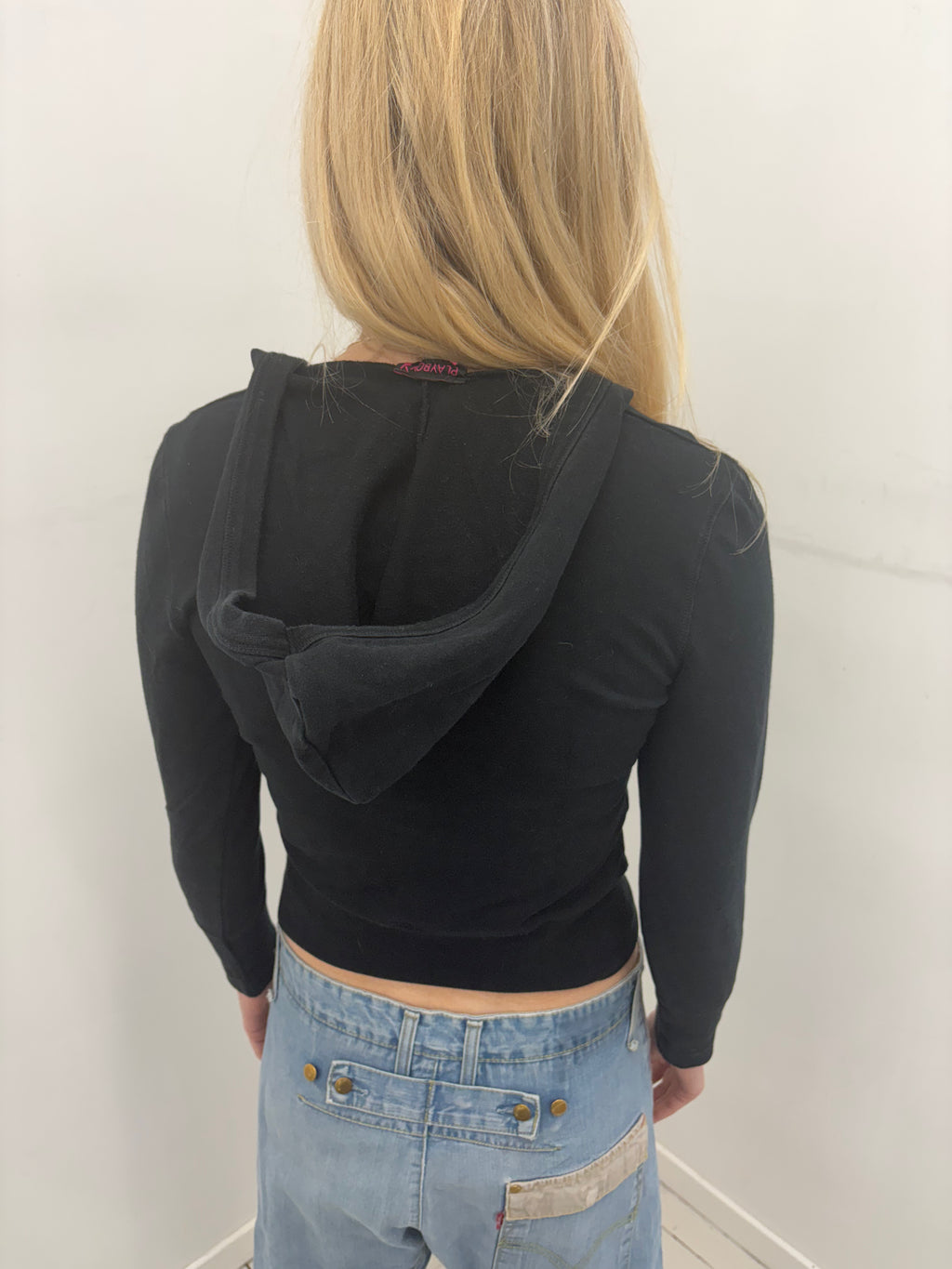 Black V-Neck Playboy Y2K Hoodie Top