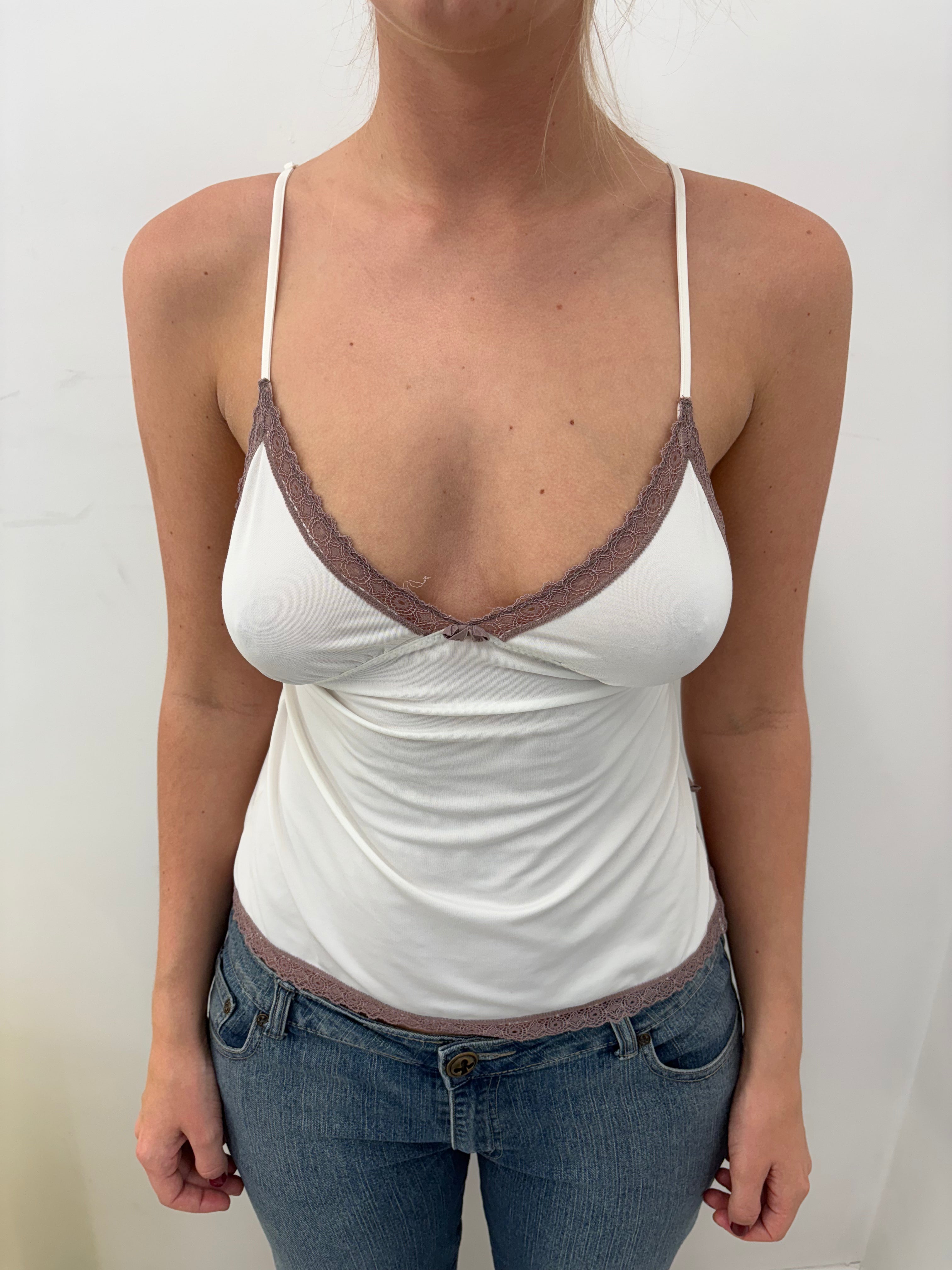 White Mauve Lace Trim Deep V Spaghetti Cami