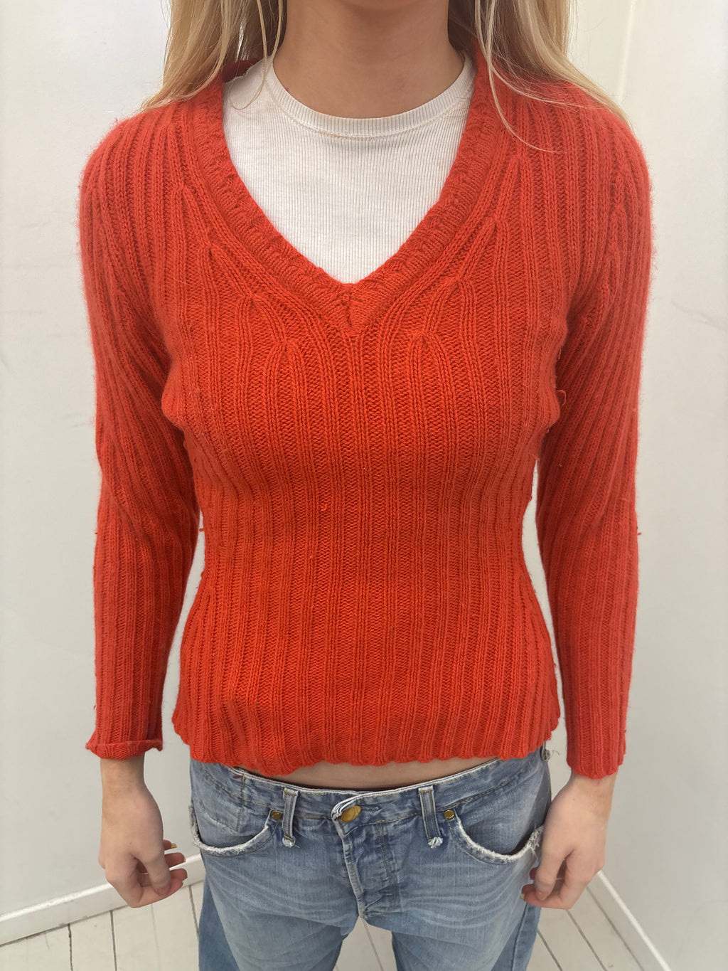 Rust Ribbed V-Neck Y2K Knit Sweater