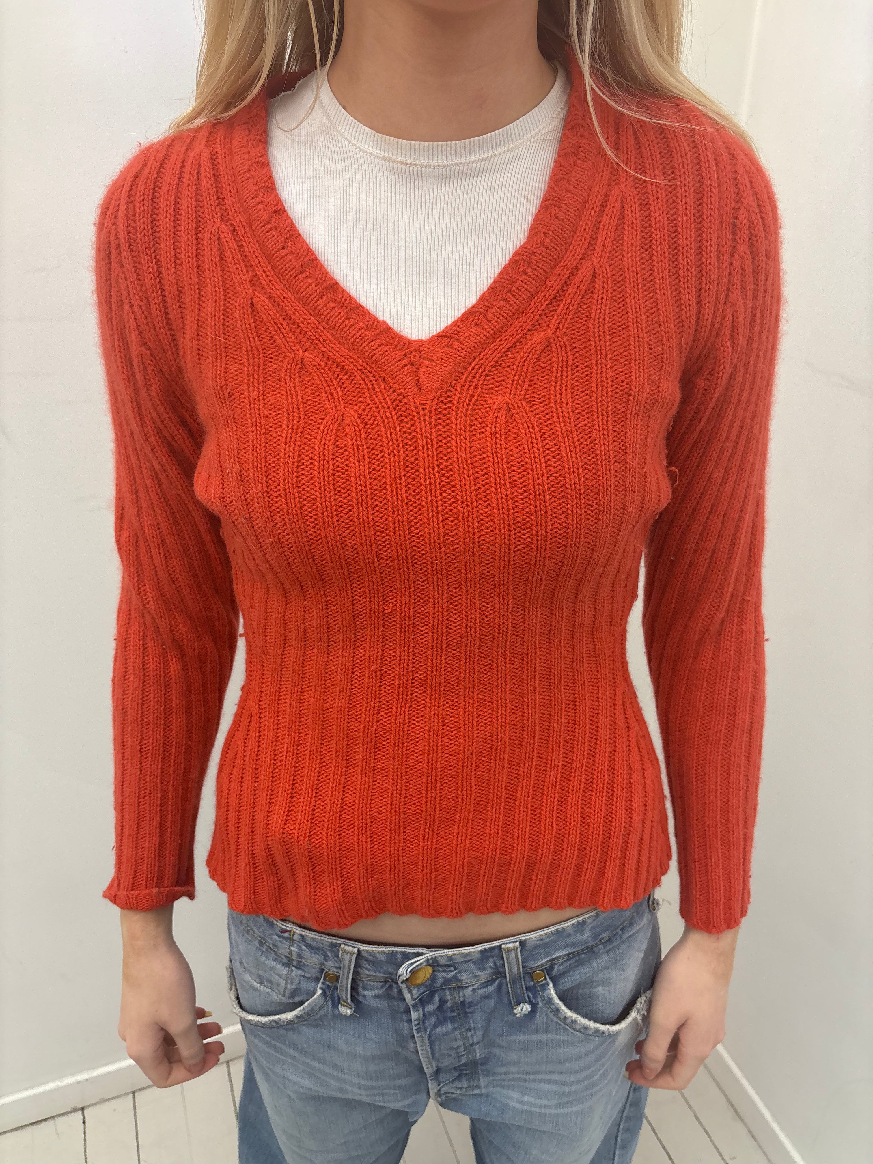 Rust Ribbed V-Neck Y2K Knit Sweater