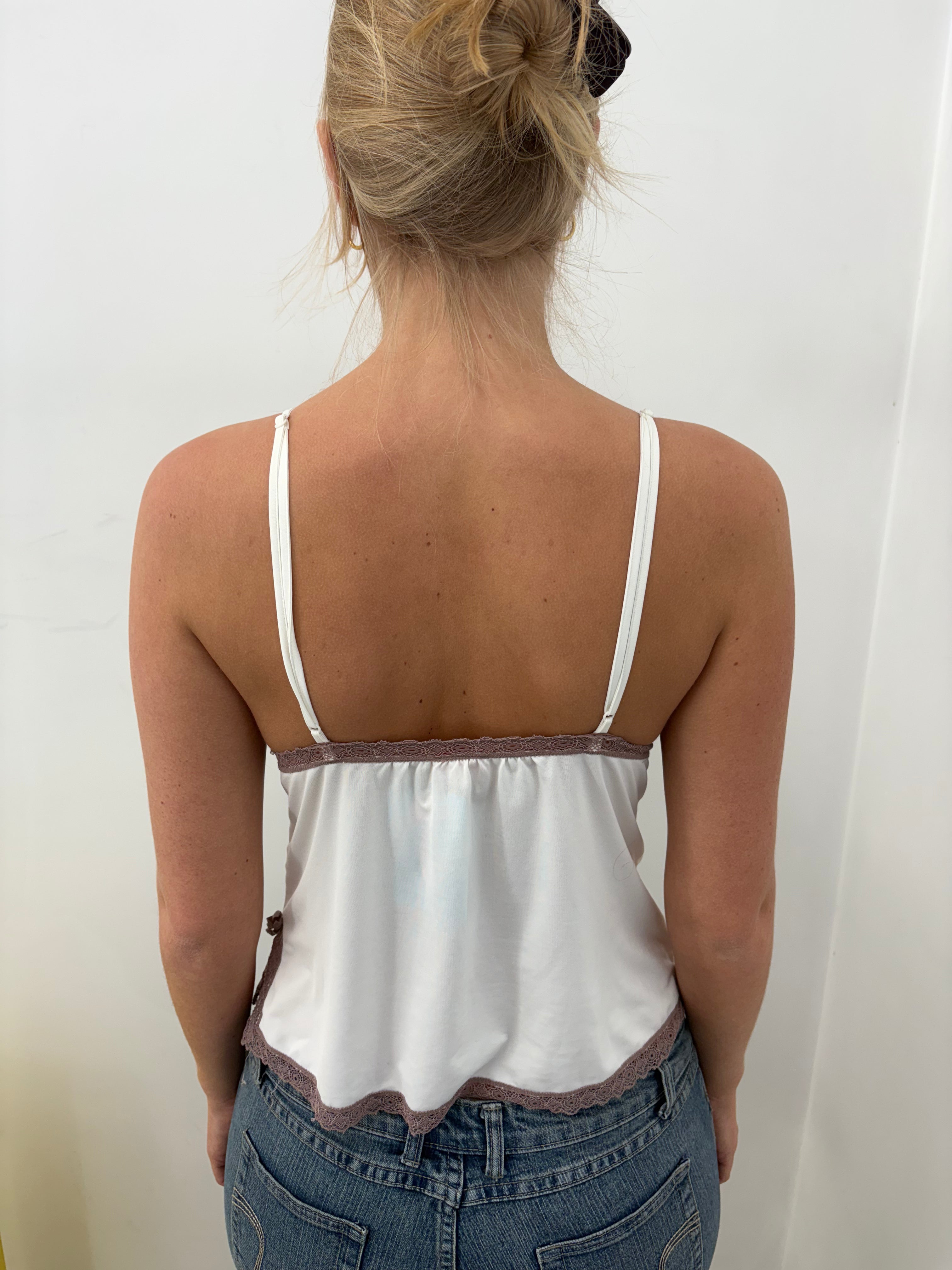 White Mauve Lace Trim Deep V Spaghetti Cami