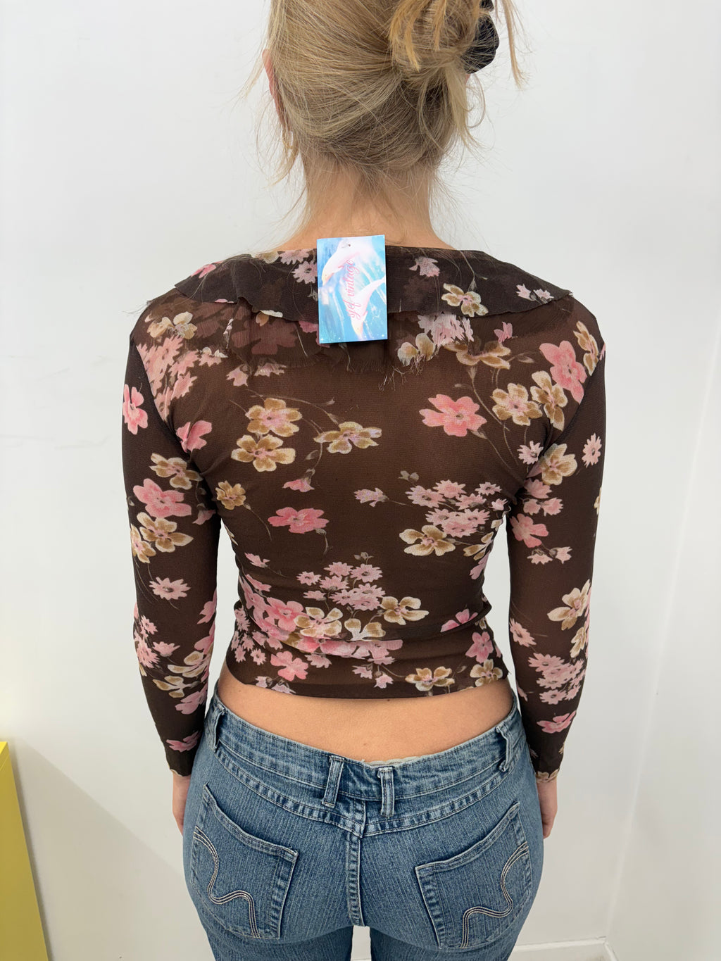 Brown Floral Sheer Mesh Ruffle Tie-Front Top