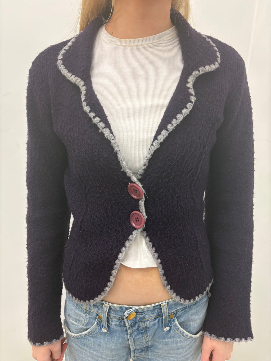 Contrast Trim Purple Cropped Knit Cardigan
