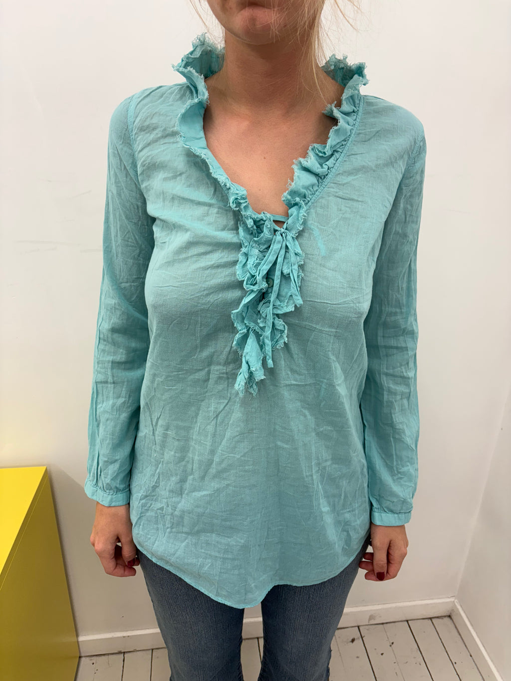 Aqua Blue Ruffle Trim Deep V Peasant Blouse