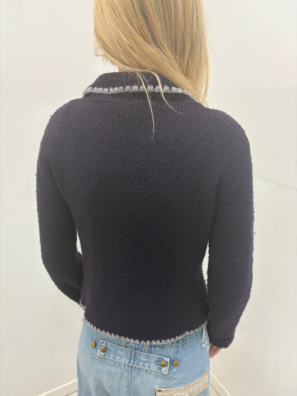 Contrast Trim Purple Cropped Knit Cardigan