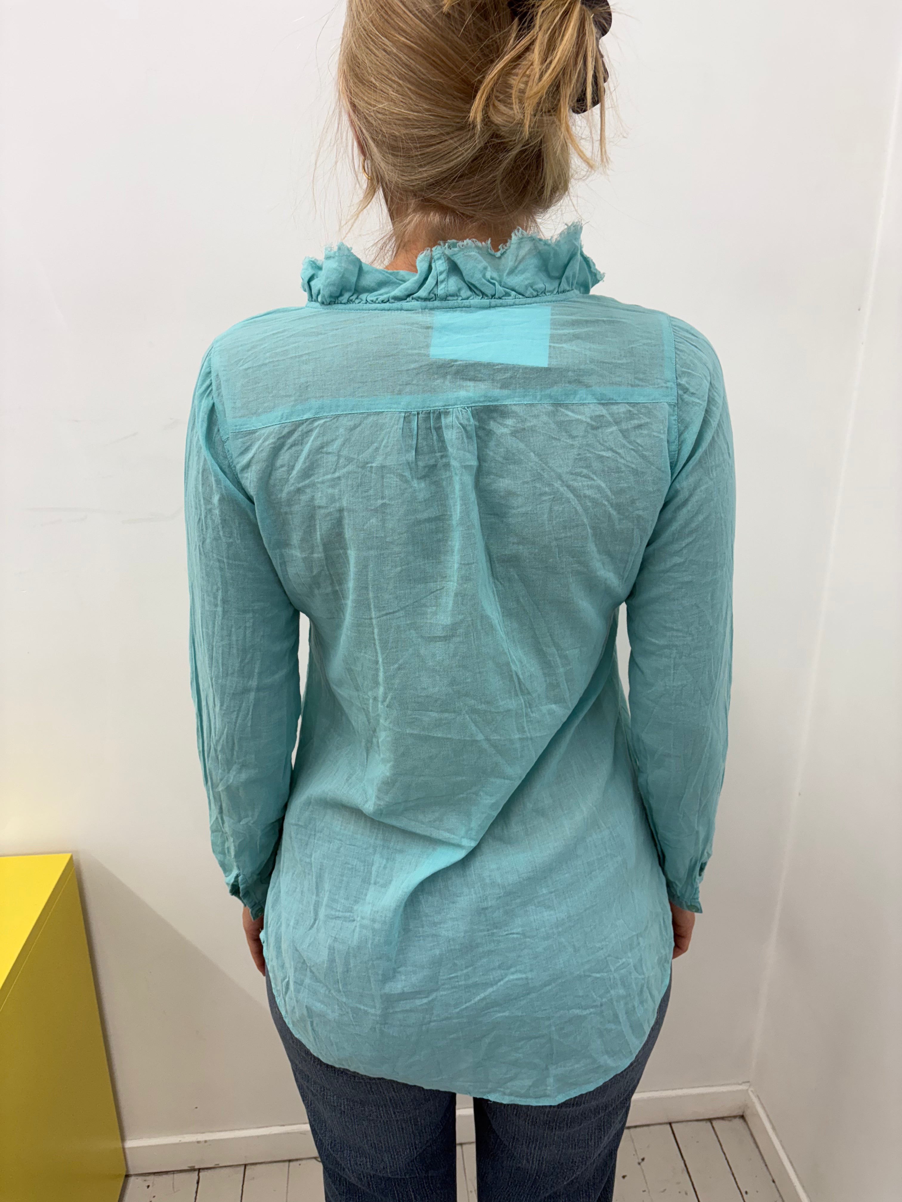 Aqua Blue Ruffle Trim Deep V Peasant Blouse