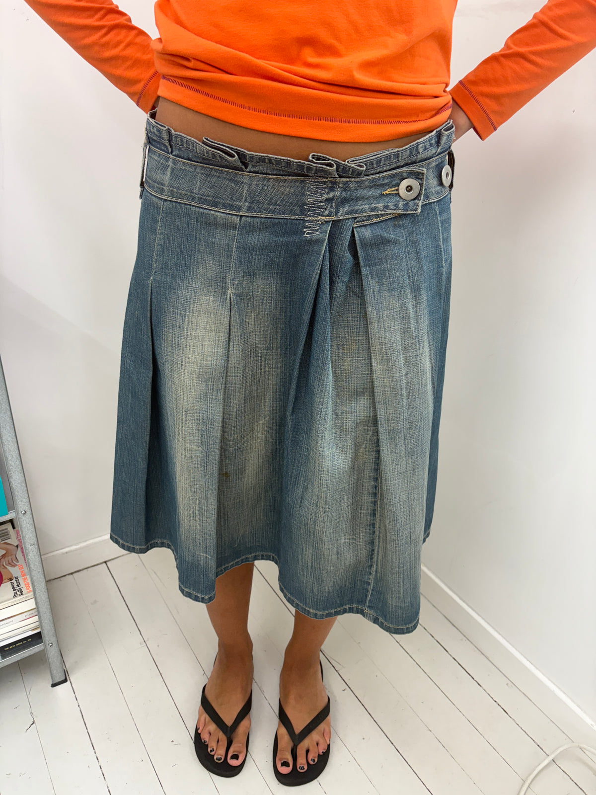 Denim Pleated Wrap Midi Skirt