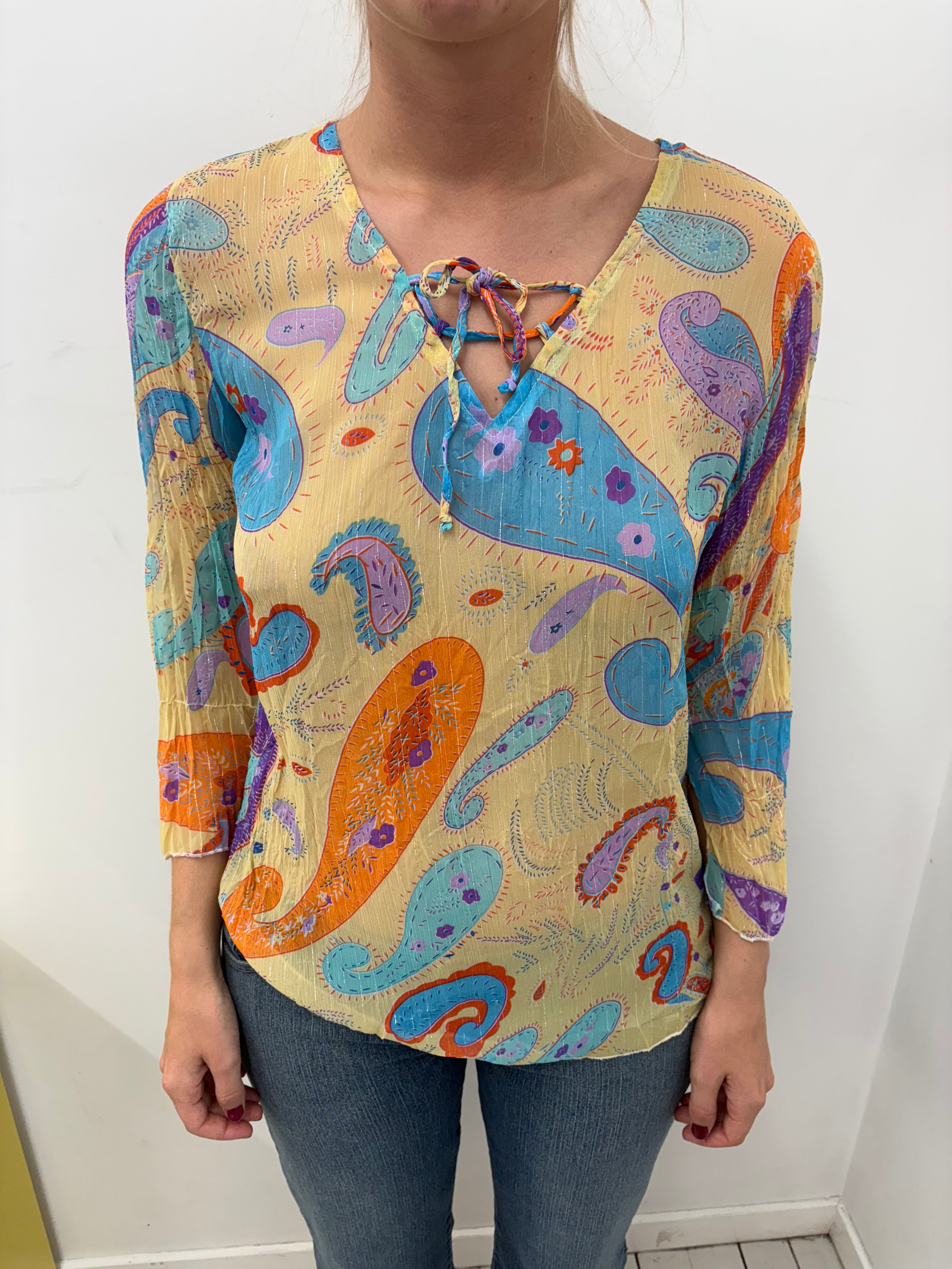 Boho Paisley Print Lace-Up Peasant Blouse