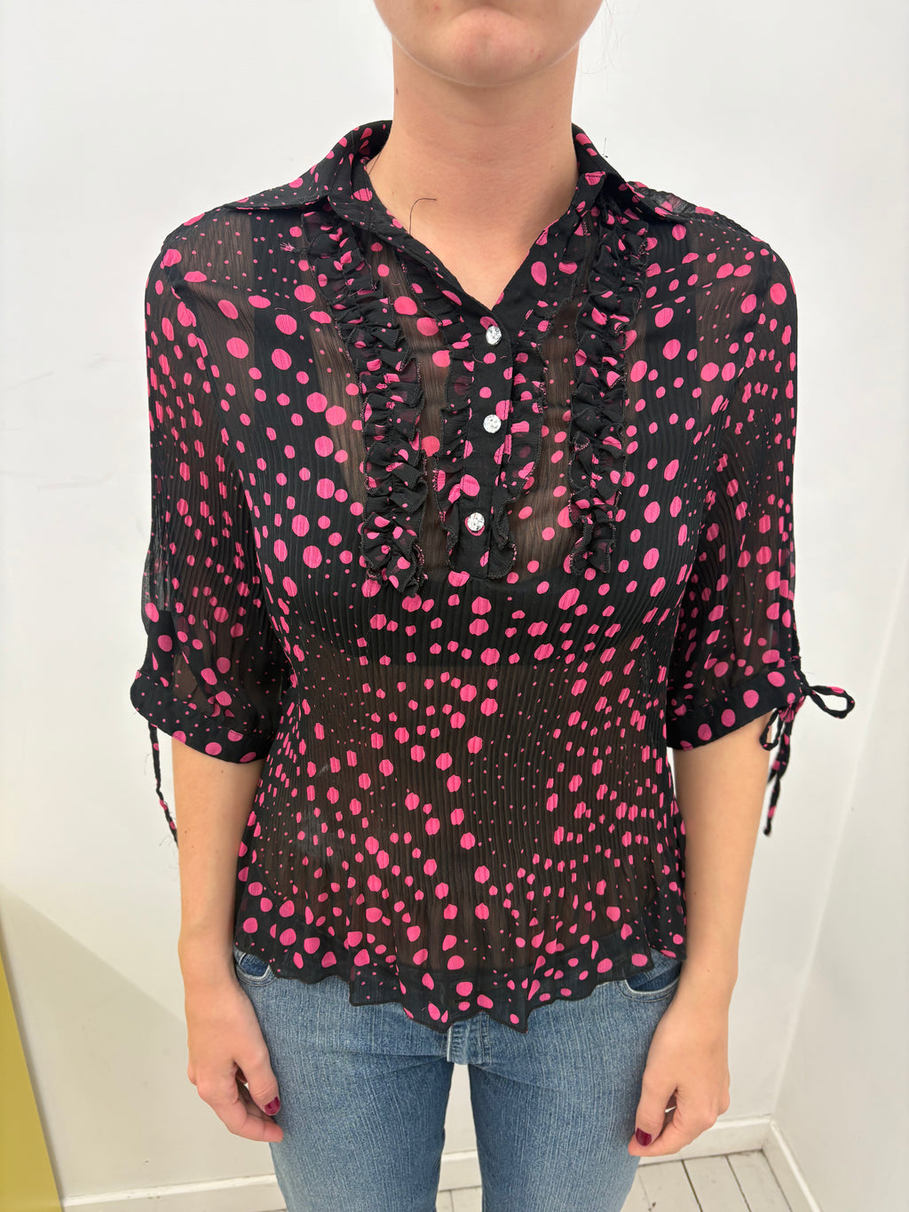Sheer Black Pink Polka Dot Ruffle Blouse