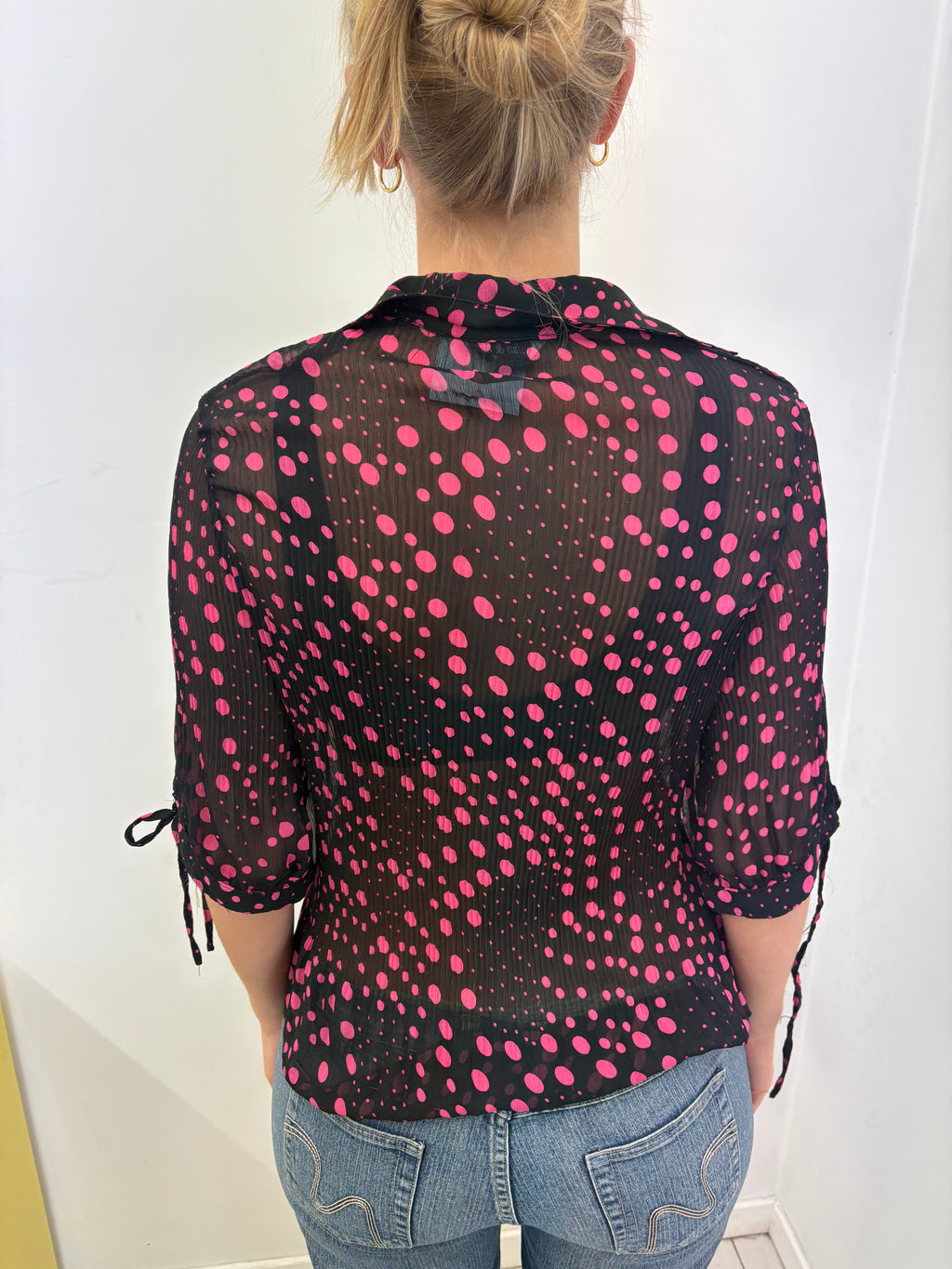 Sheer Black Pink Polka Dot Ruffle Blouse
