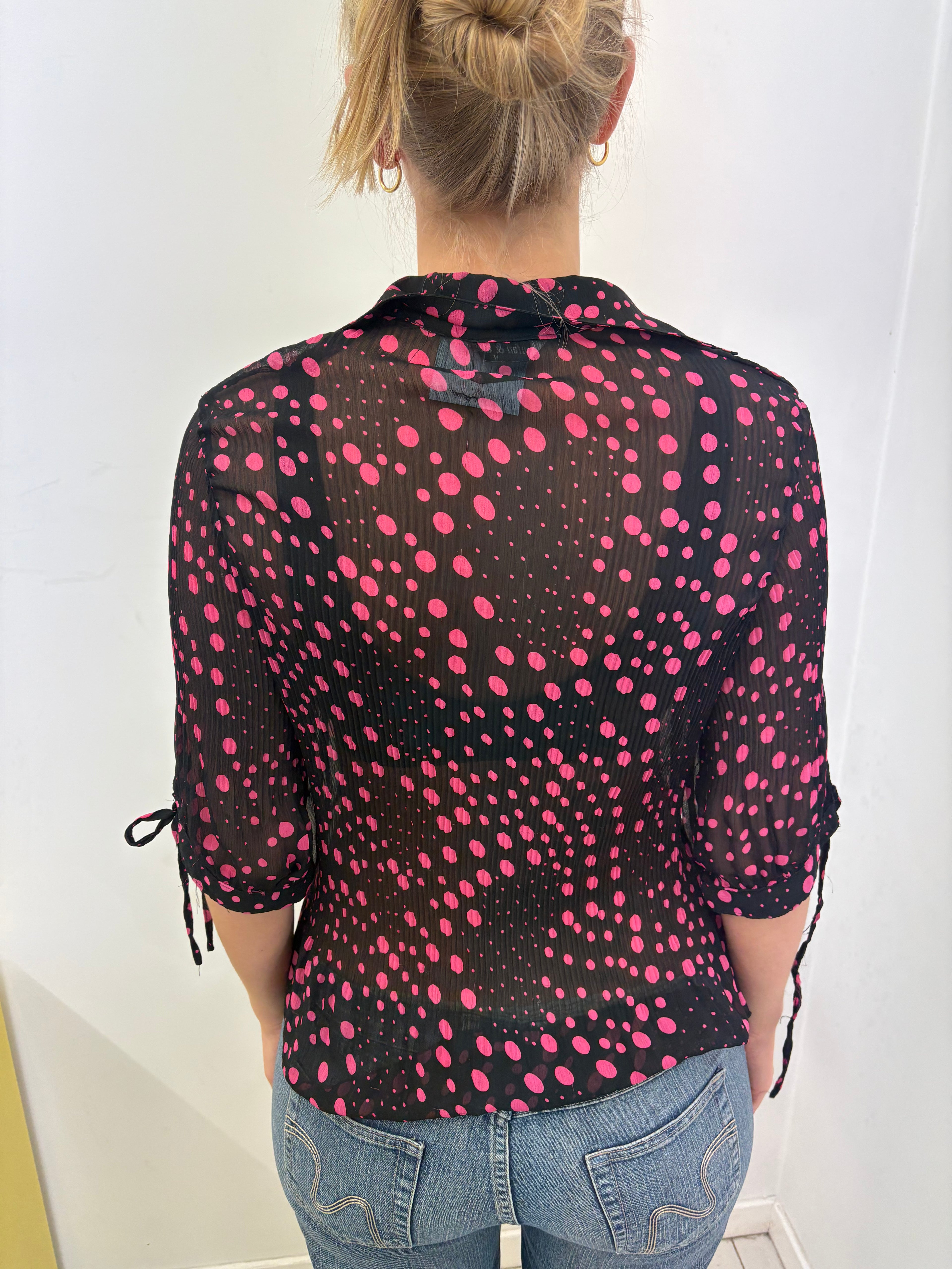Sheer Black Pink Polka Dot Ruffle Blouse