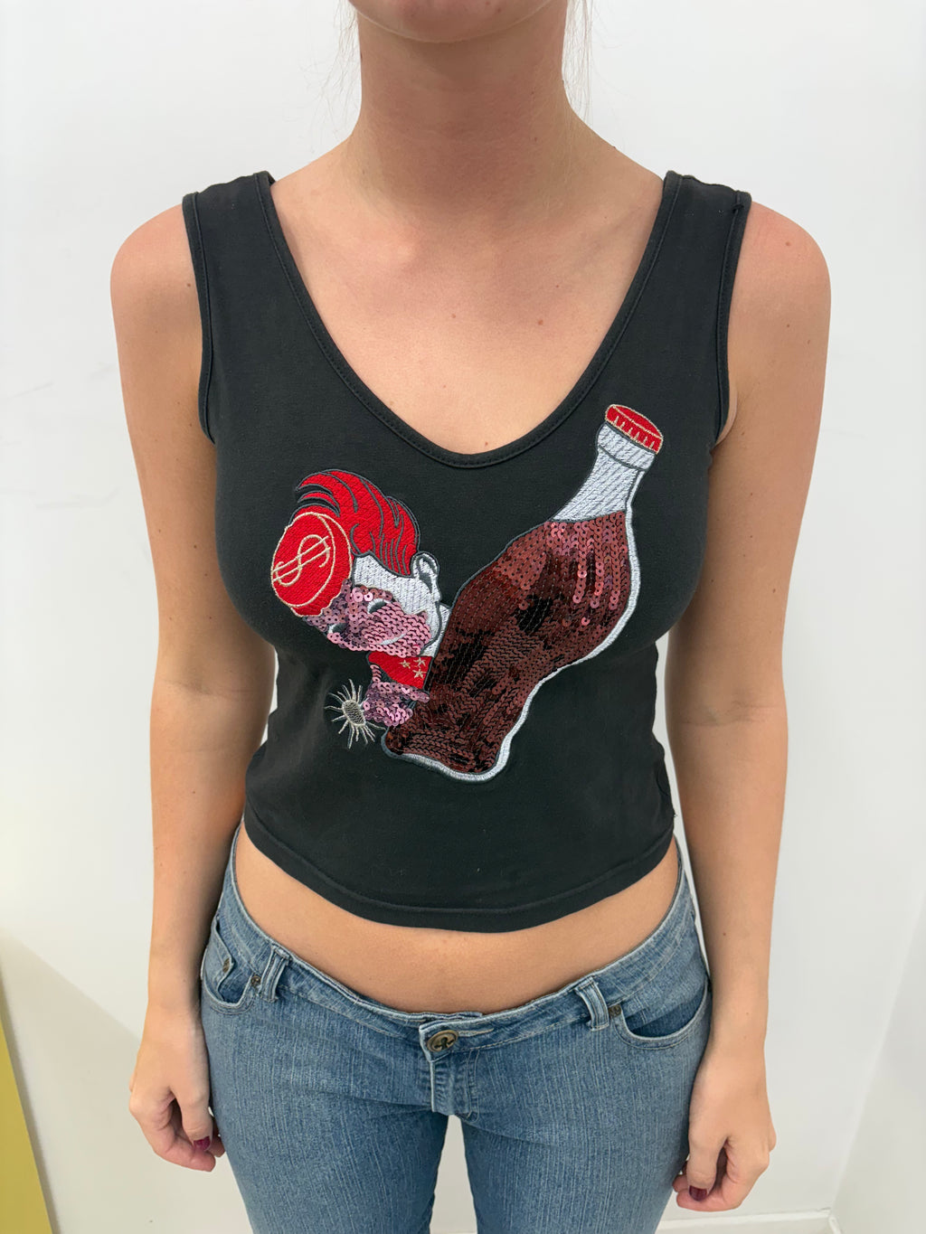 Y2K Black Sequin Embroidered Graphic Crop Tank Top