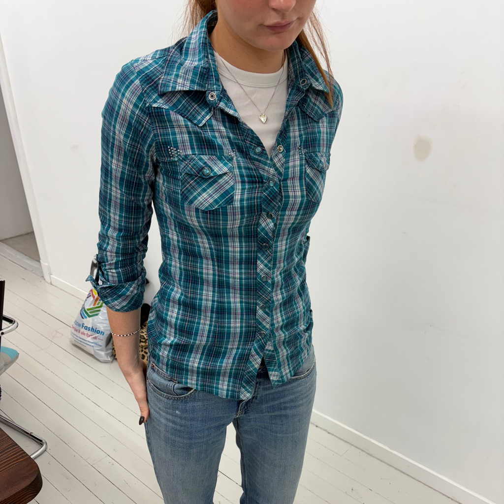 Teal Plaid Fitted Western Shirt