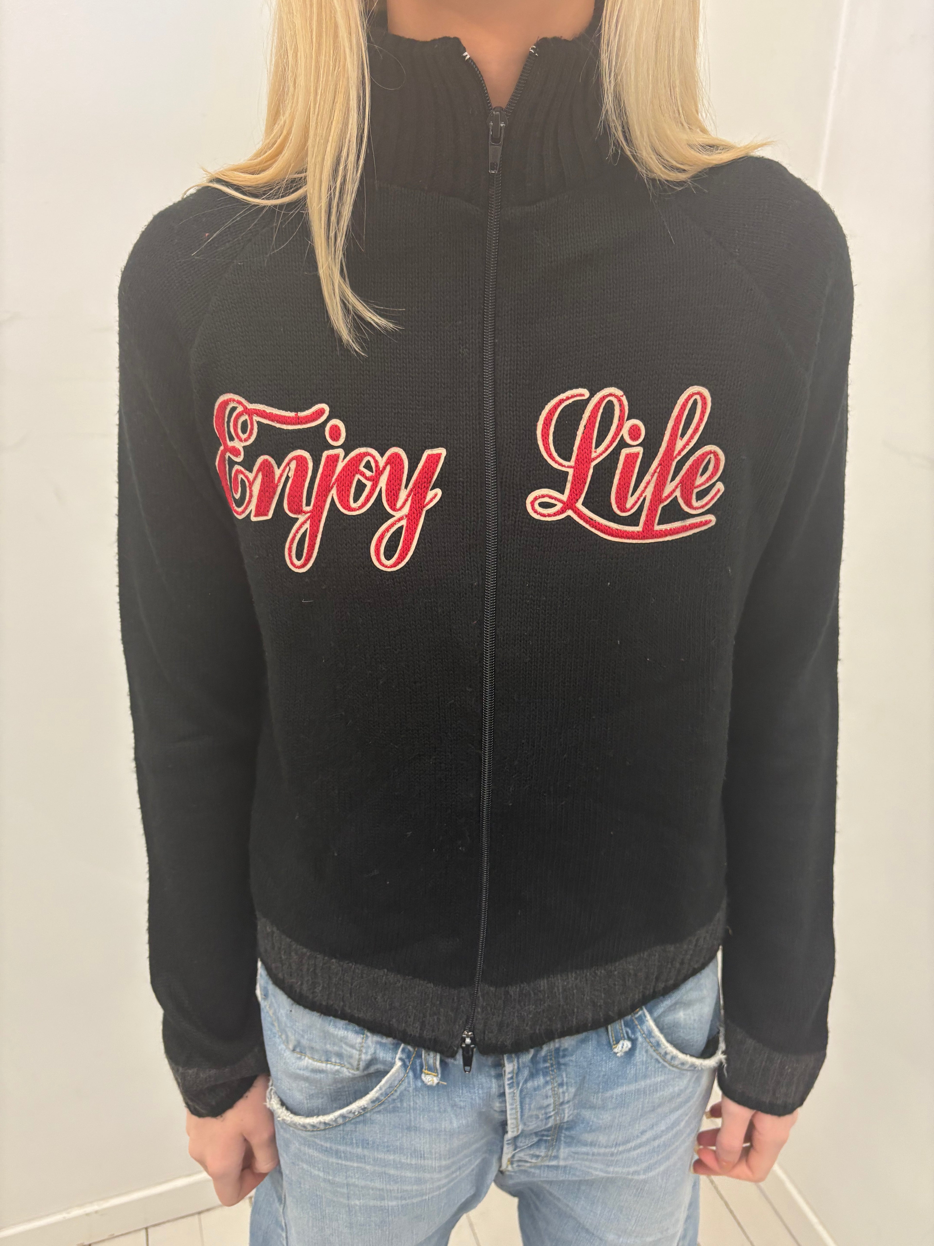 “Enjoy Life” Zip-Up Y2K Knit Jacket