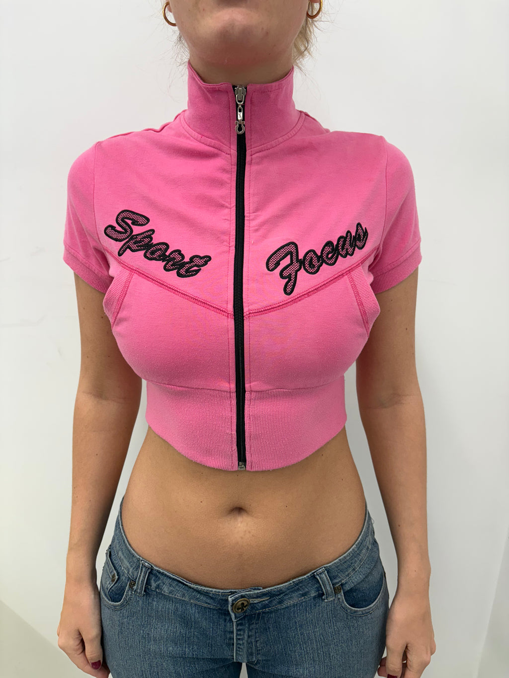 Pink Cropped Zip Track Top Sport Focus Script Logo