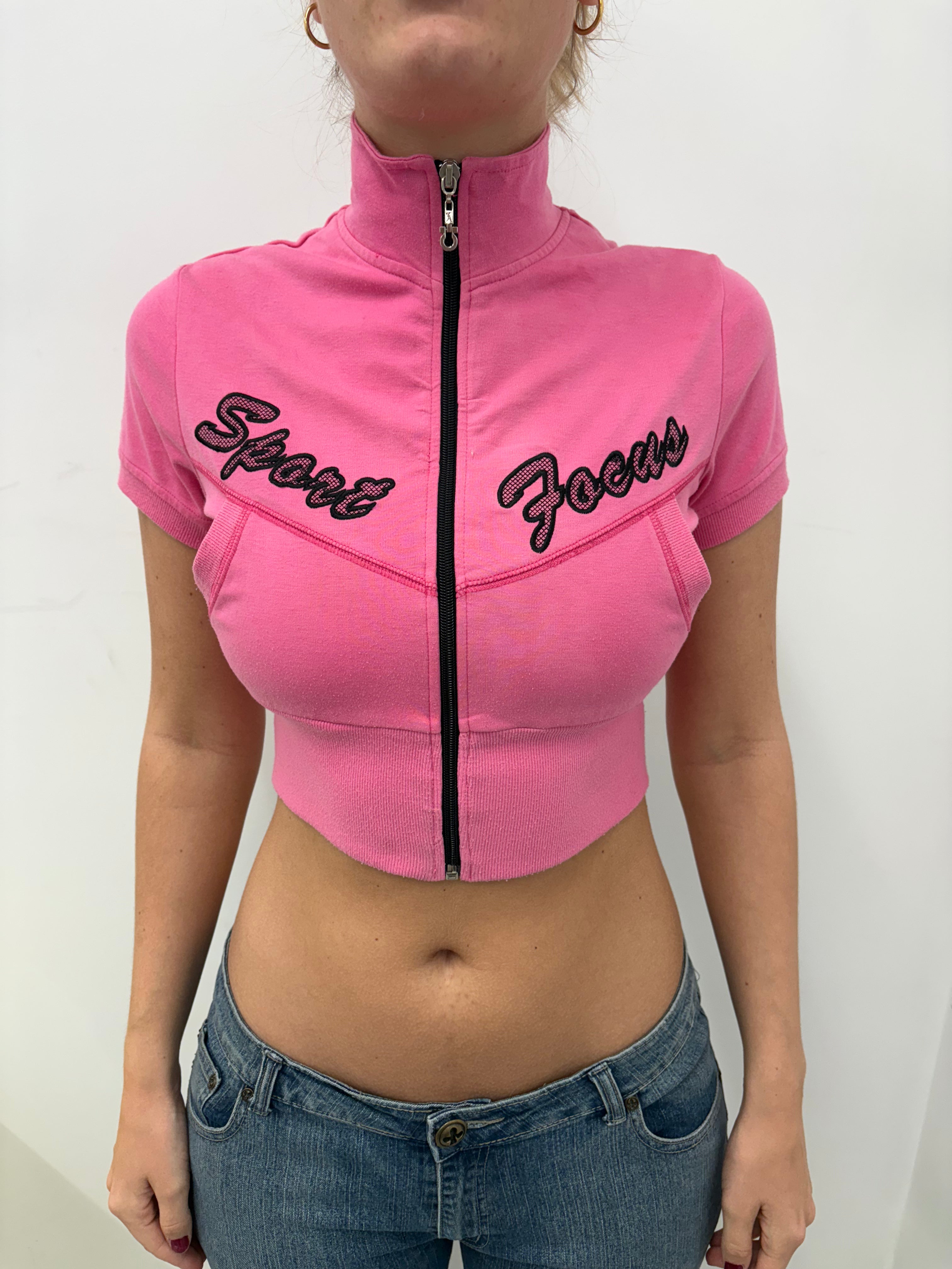 Pink Cropped Zip Track Top Sport Focus Script Logo