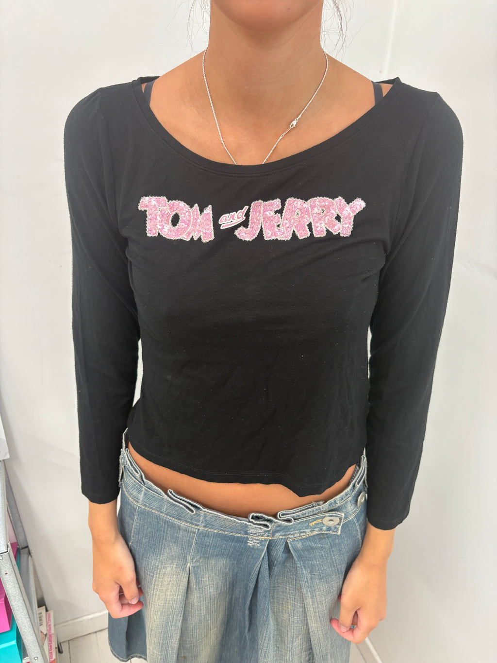 Black Sequin "Tom and Jerry" Graphic Top
