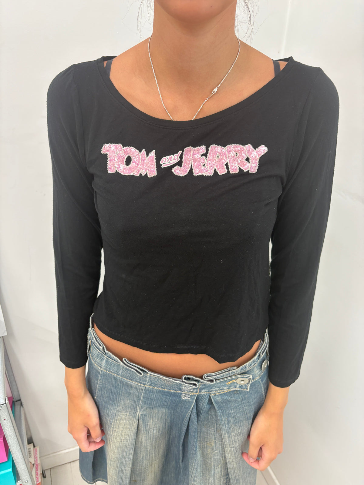 Black Sequin "Tom and Jerry" Graphic Top