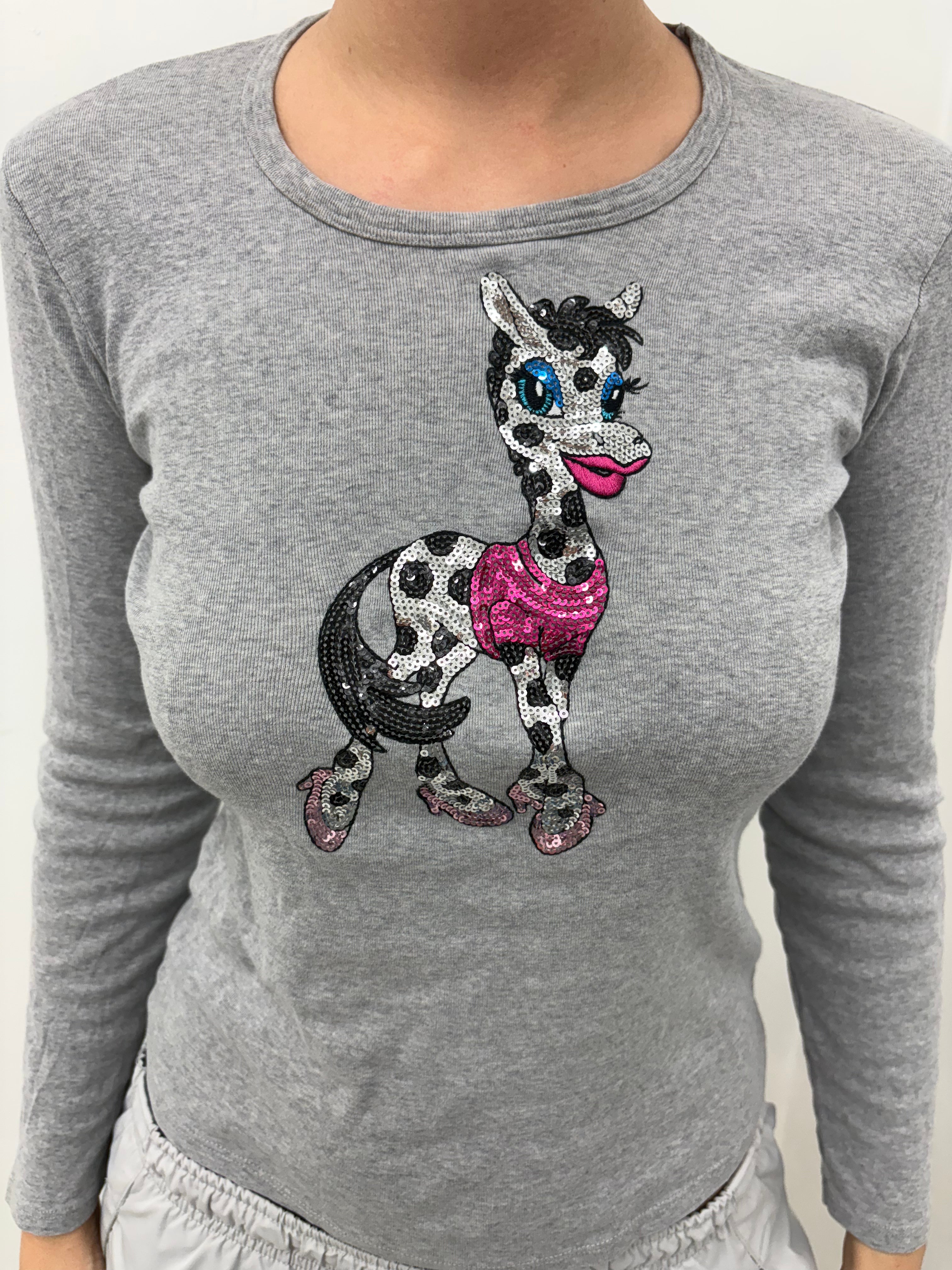 Grey Sequin Giraffe Graphic Long Sleeve Top