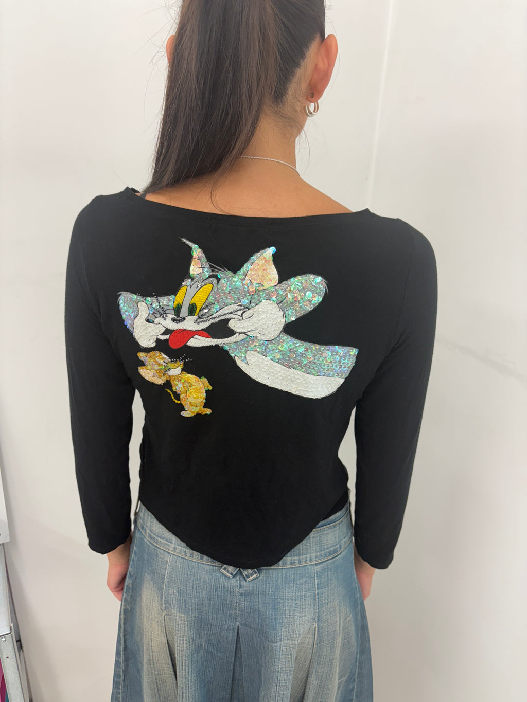 Black Sequin "Tom and Jerry" Graphic Top