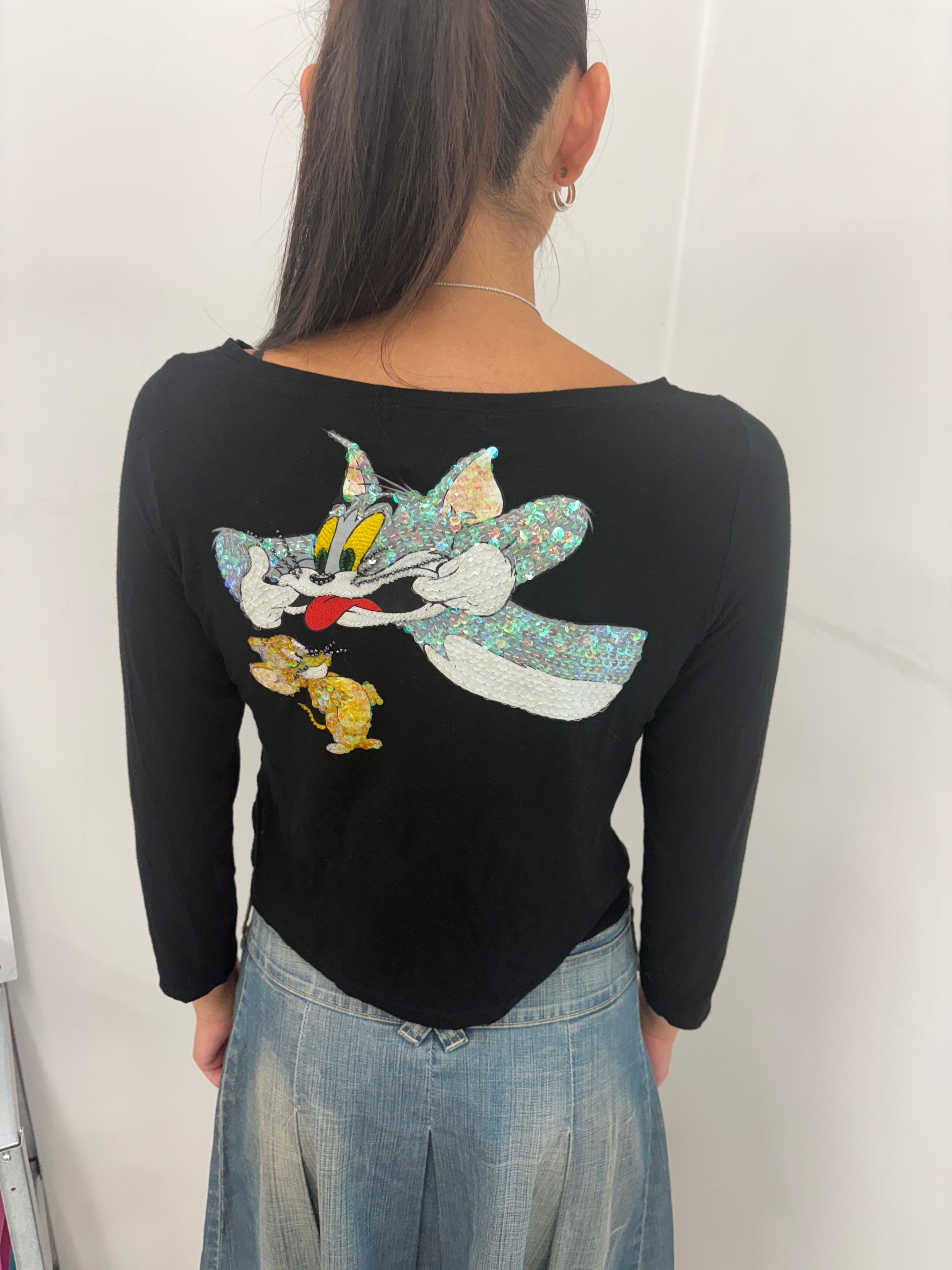 Black Sequin "Tom and Jerry" Graphic Top
