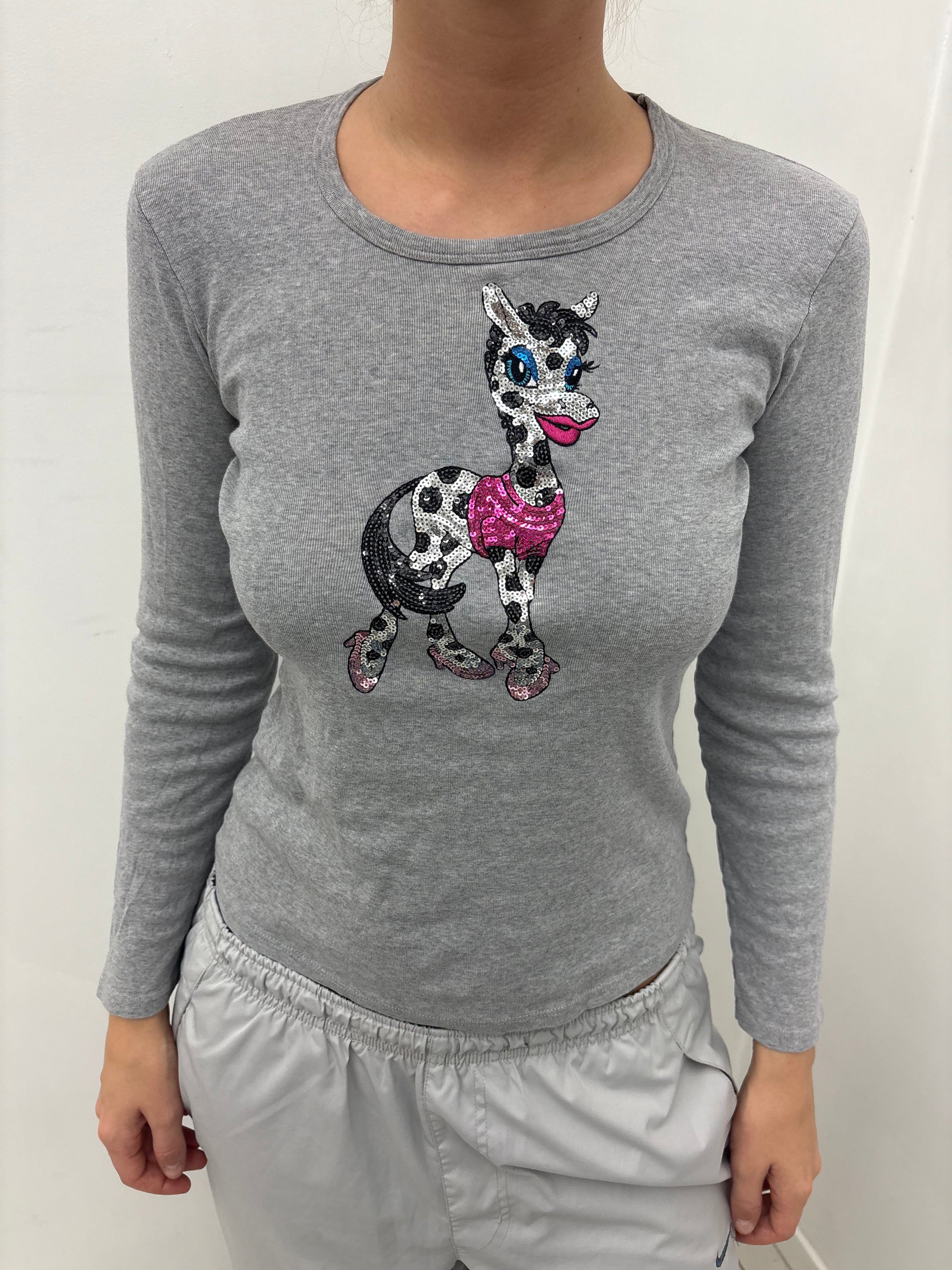 Grey Sequin Giraffe Graphic Long Sleeve Top