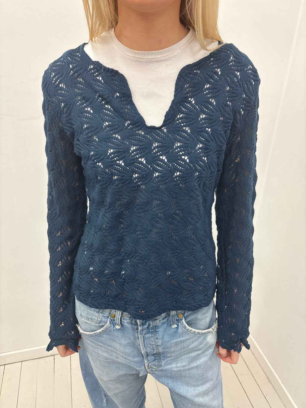 Navy Lace Knit V-Neck Y2K Top