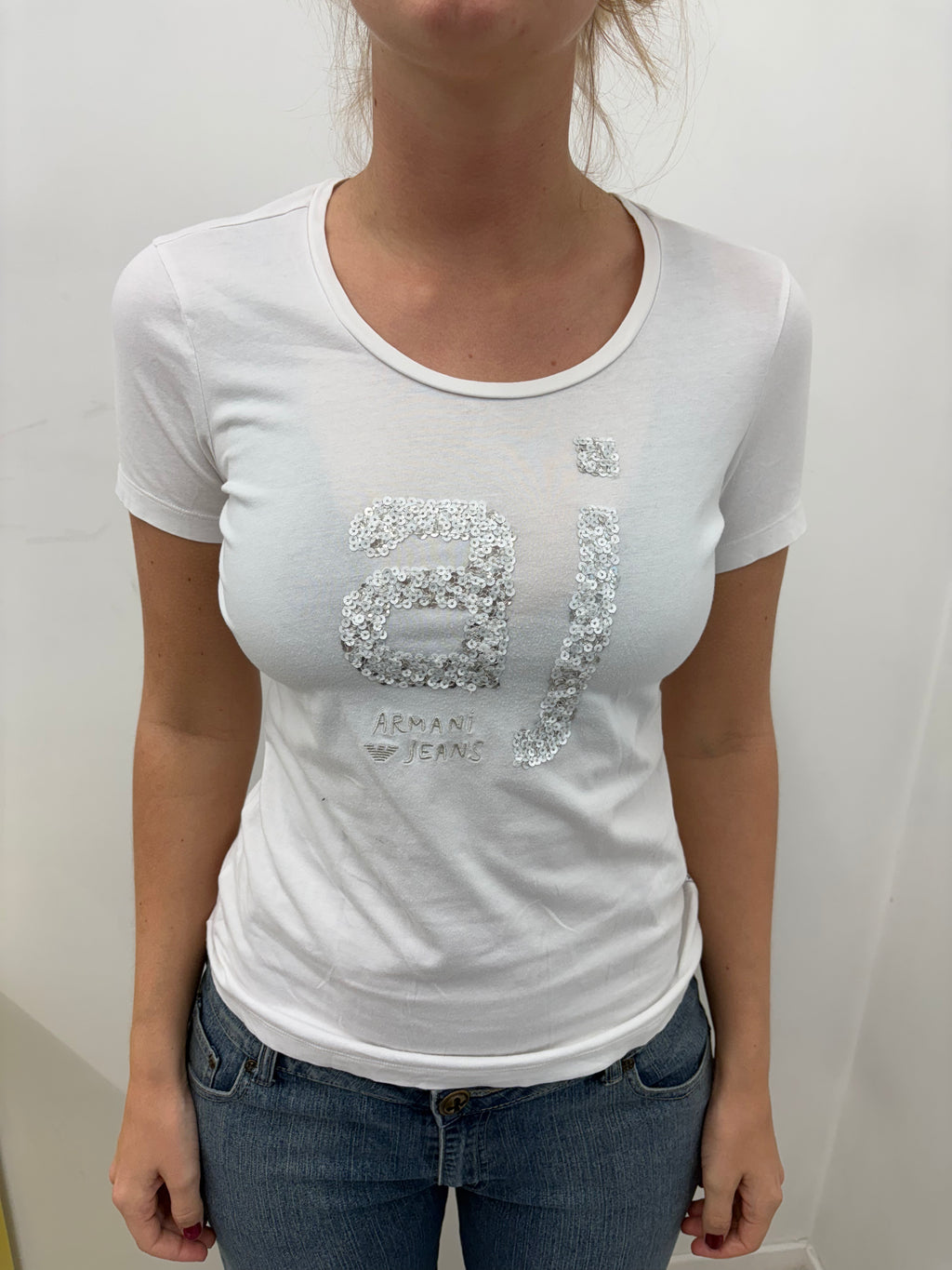 Armani Jeans White T-Shirt Silver Sequin Logo