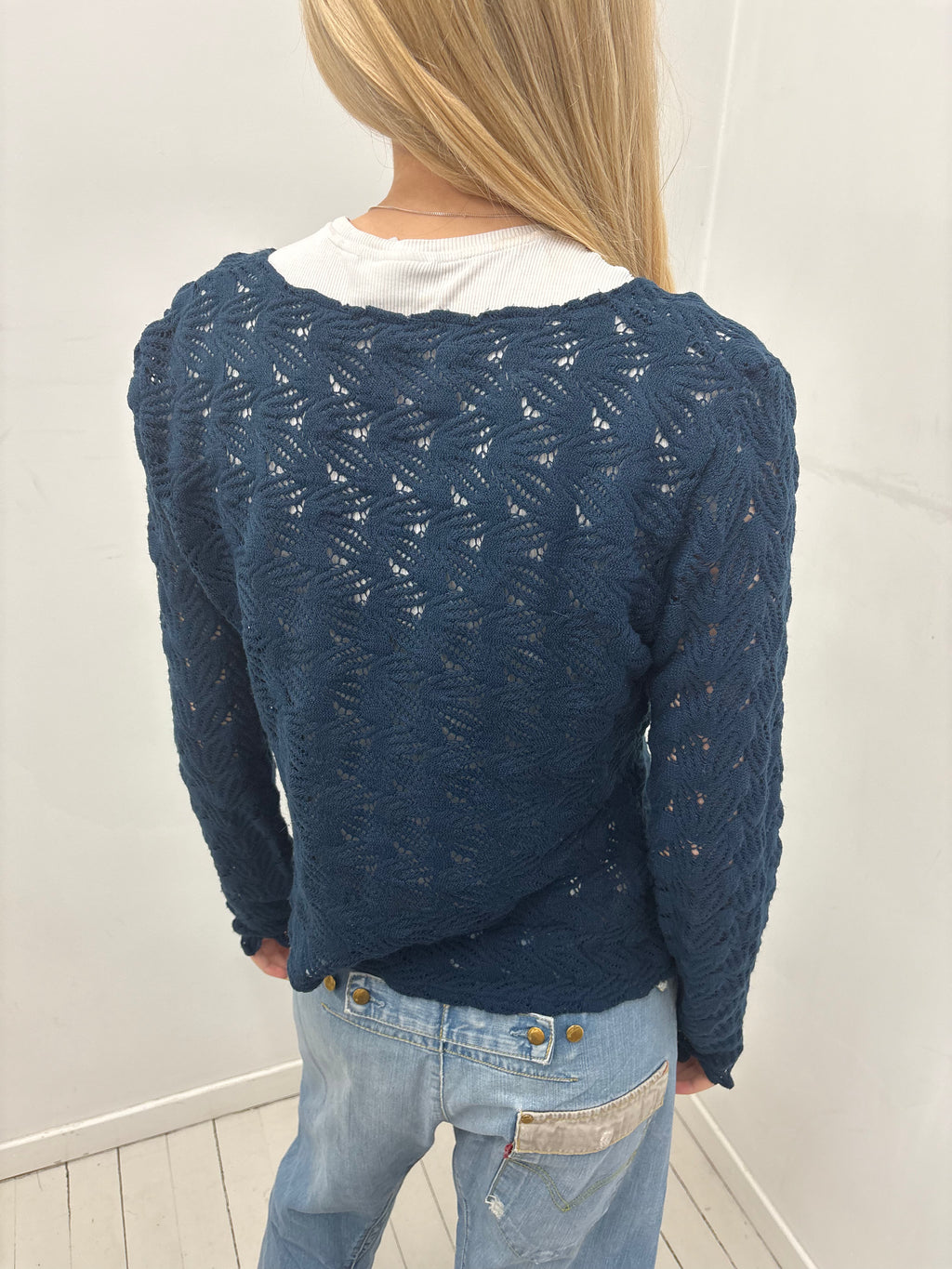 Navy Lace Knit V-Neck Y2K Top