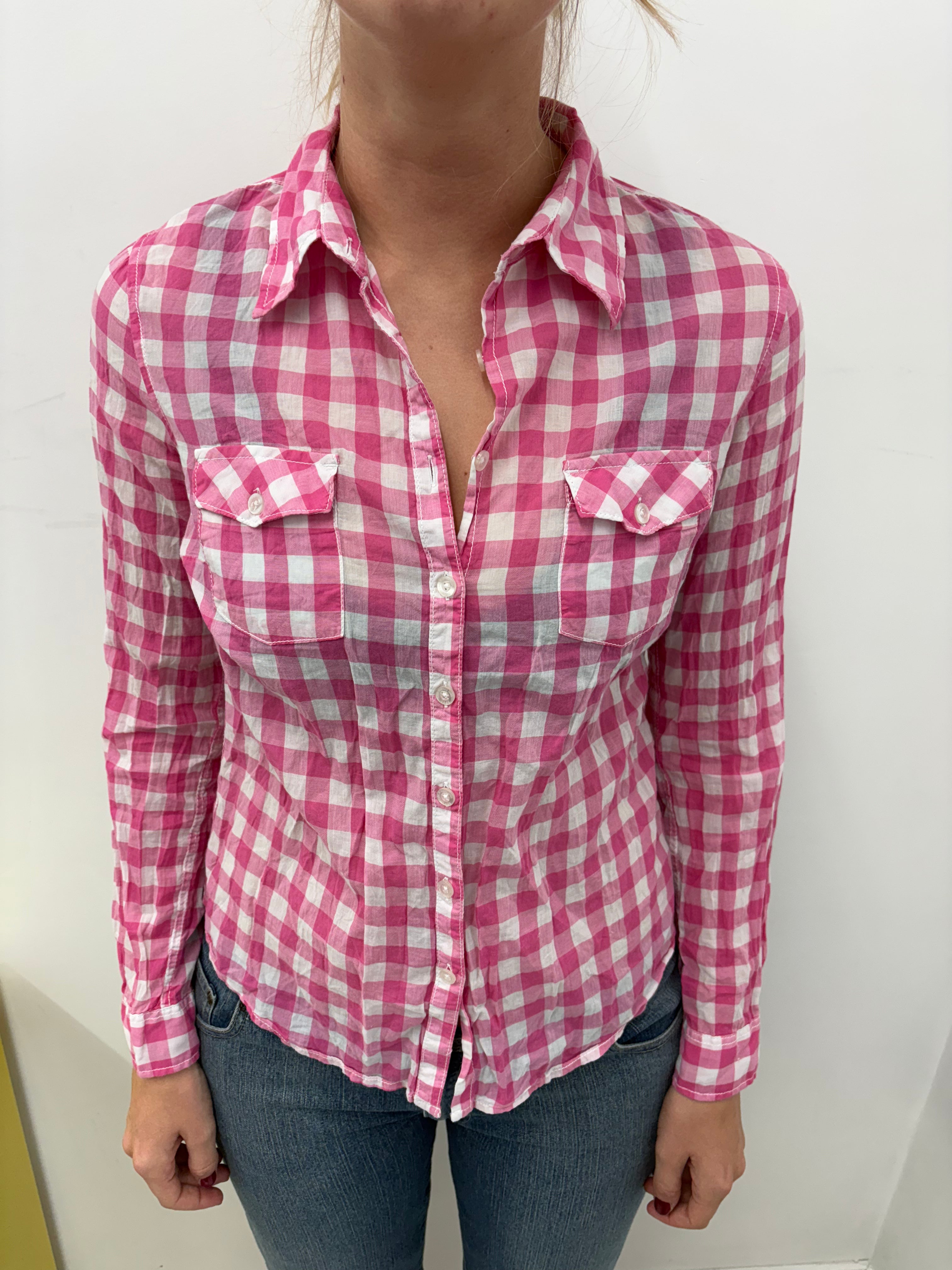 Pink Gingham Check Shirt Double Chest Pocket