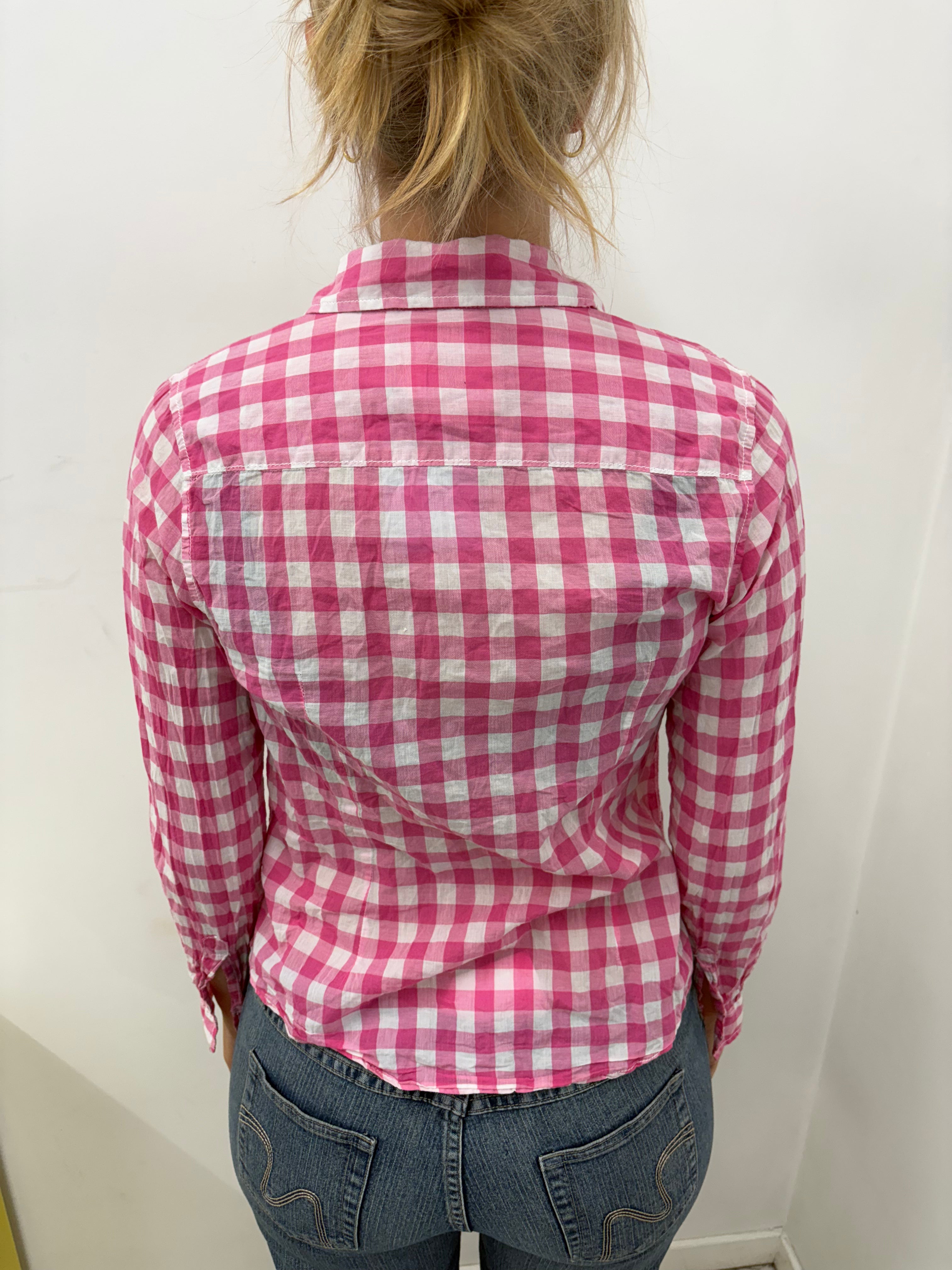 Pink Gingham Check Shirt Double Chest Pocket