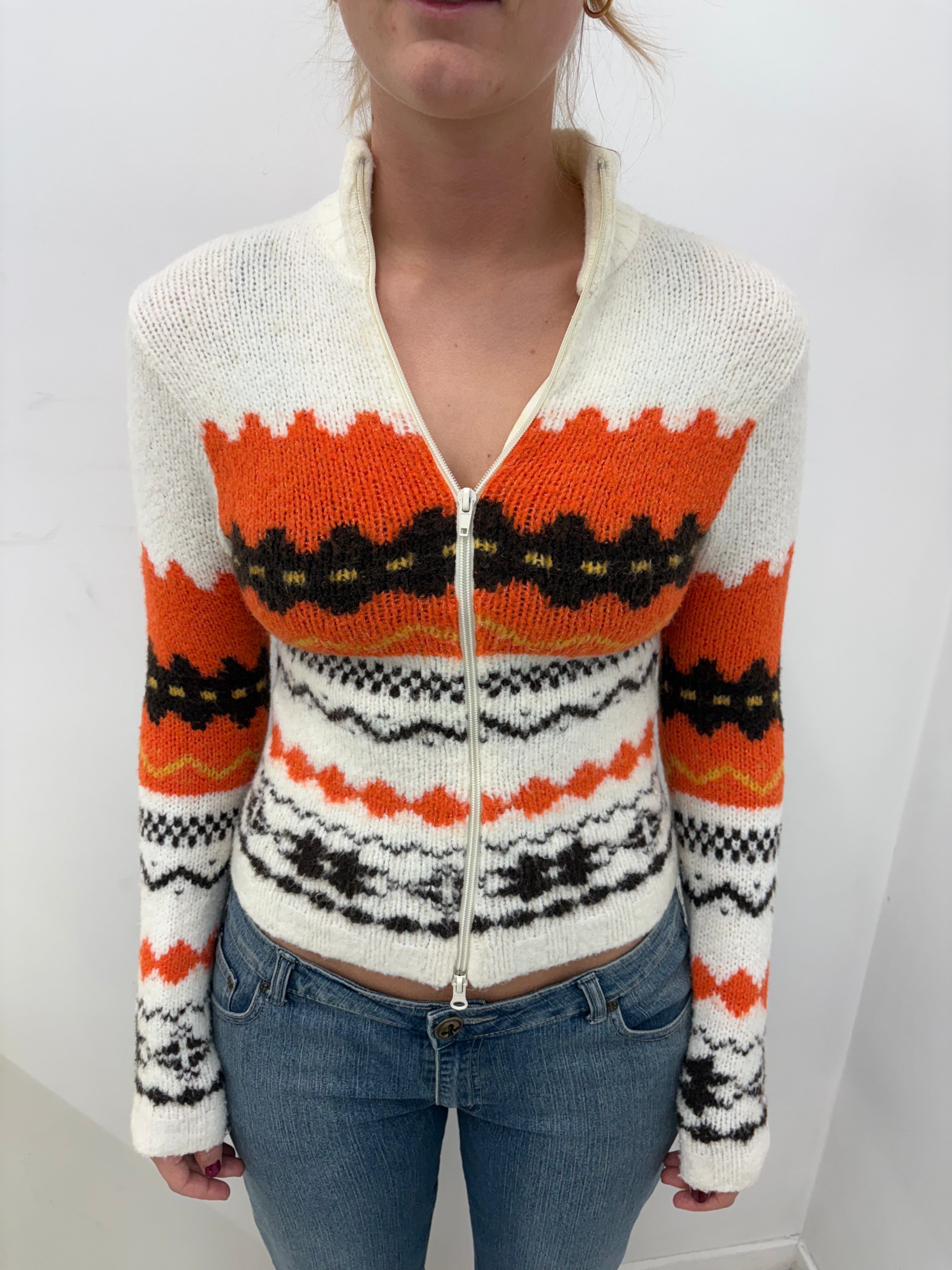 Zip Knit Sweater Orange & Cream Geometric Pattern
