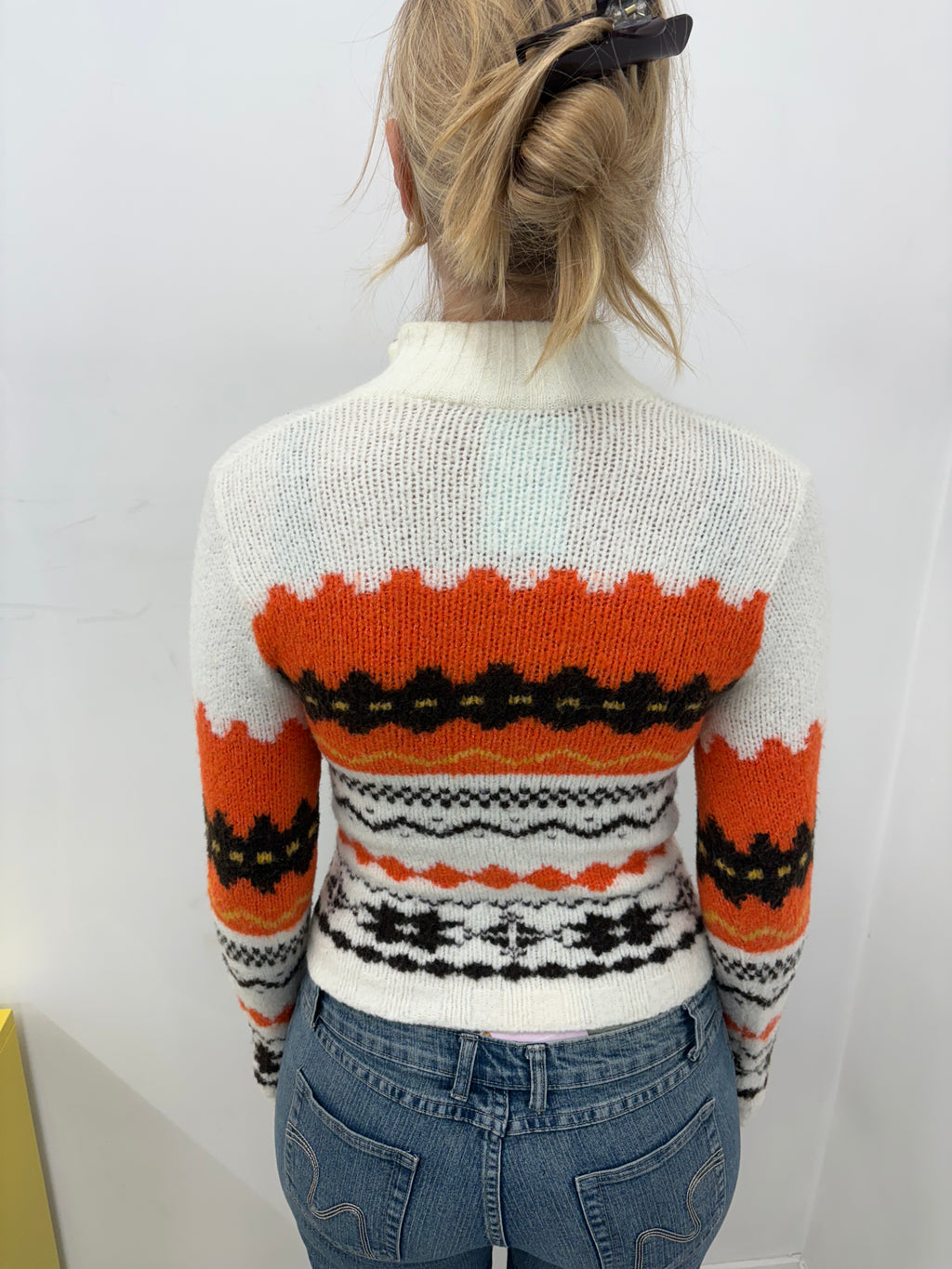Zip Knit Sweater Orange & Cream Geometric Pattern