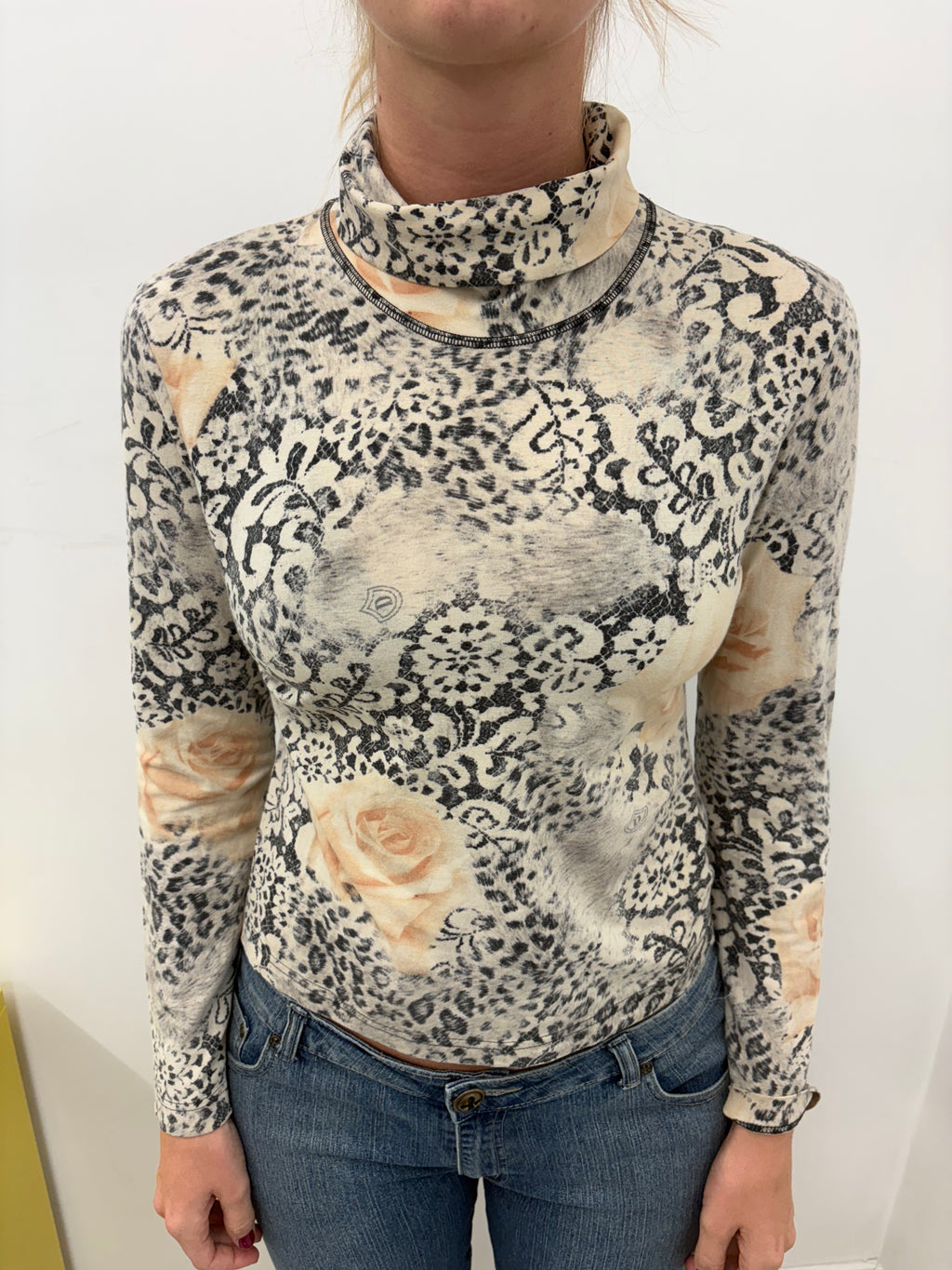 Lace & Rose Print Turtleneck Long Sleeve Top